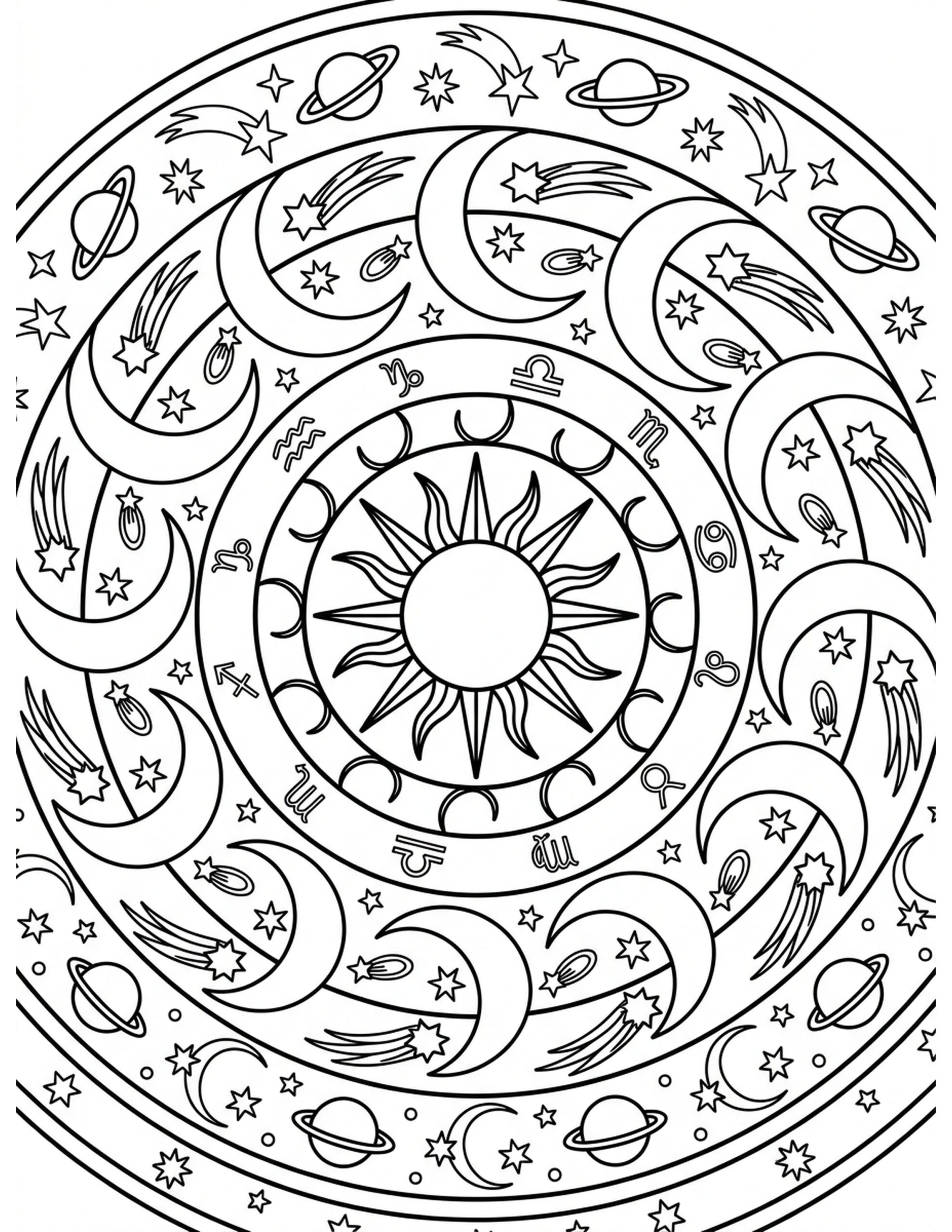 Mandala with Celestial Elements Coloring Page