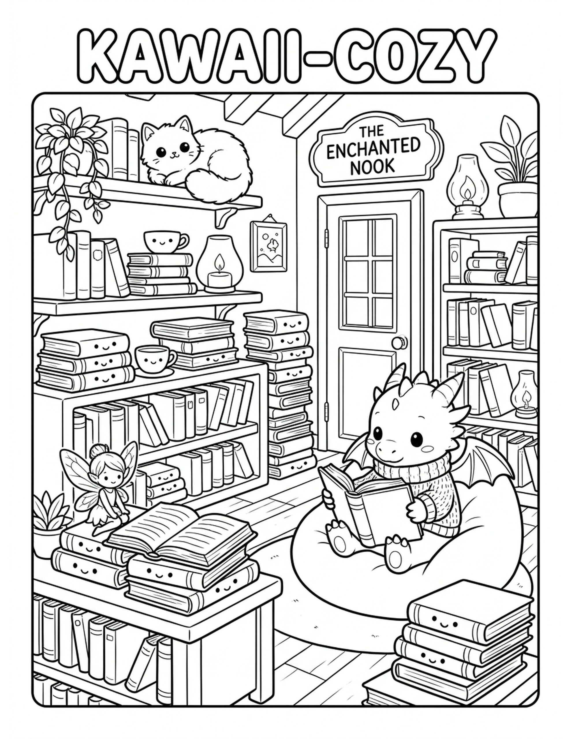Fantasy Bookstore Scene Coloring Page