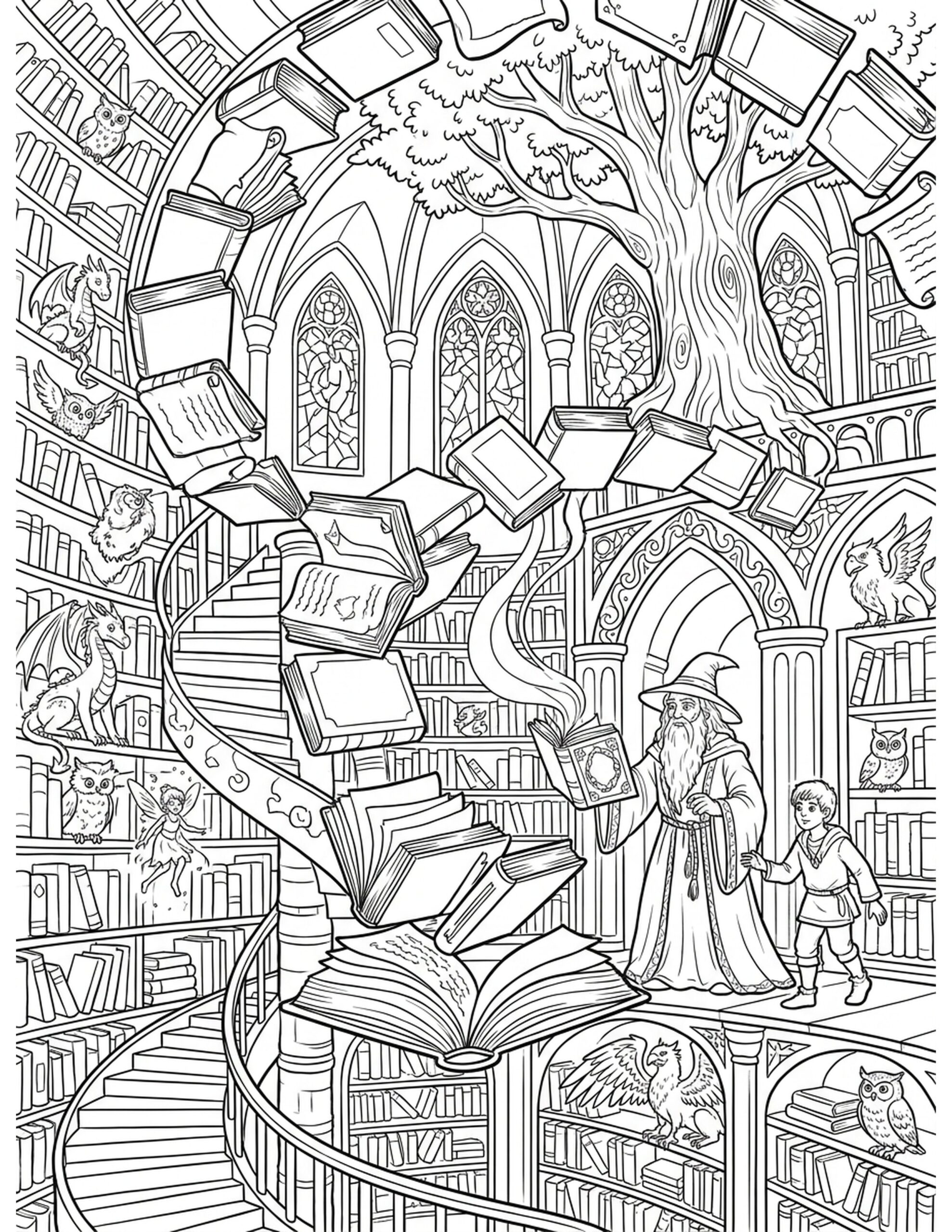Magical Library Coloring Page