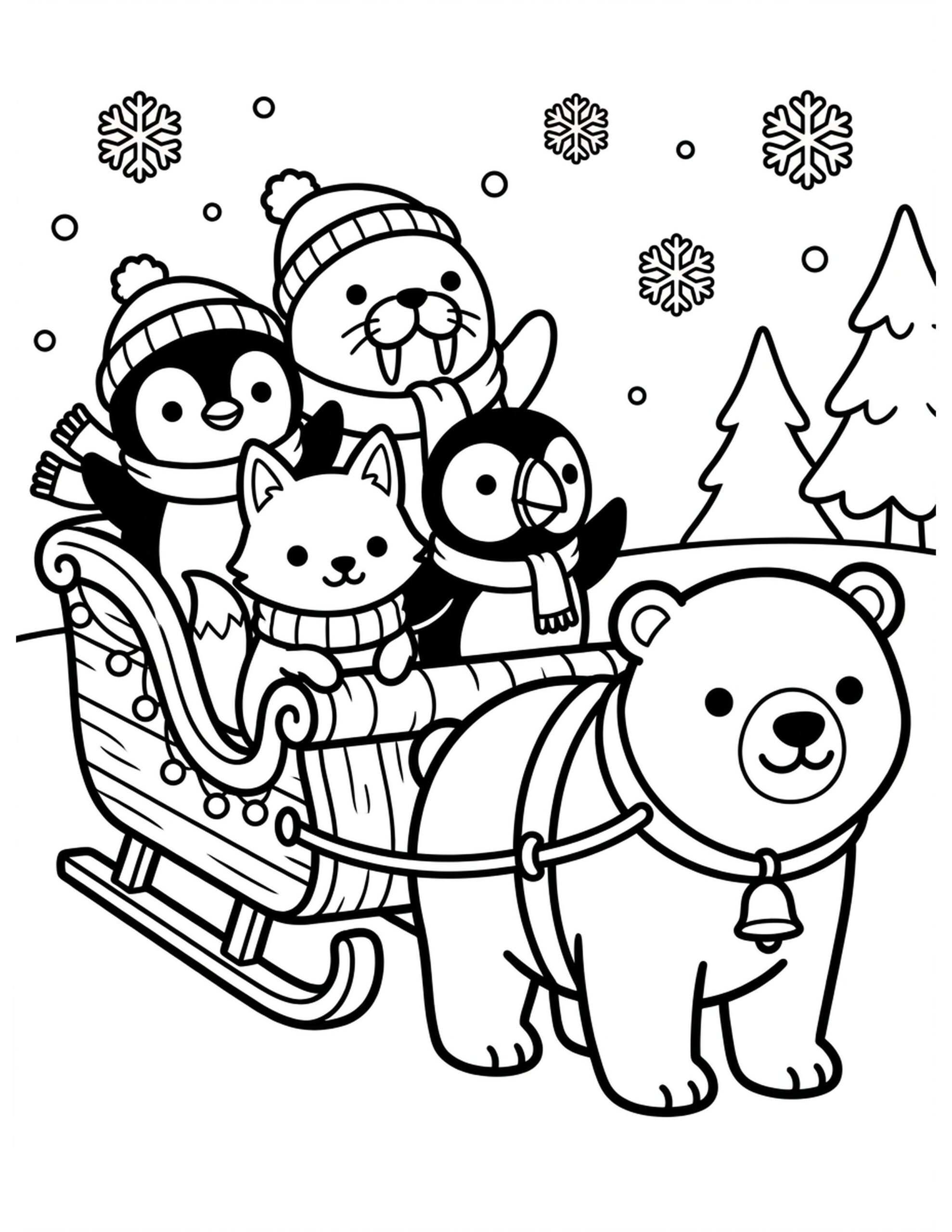 Arctic Animal Sleigh Ride Coloring Page