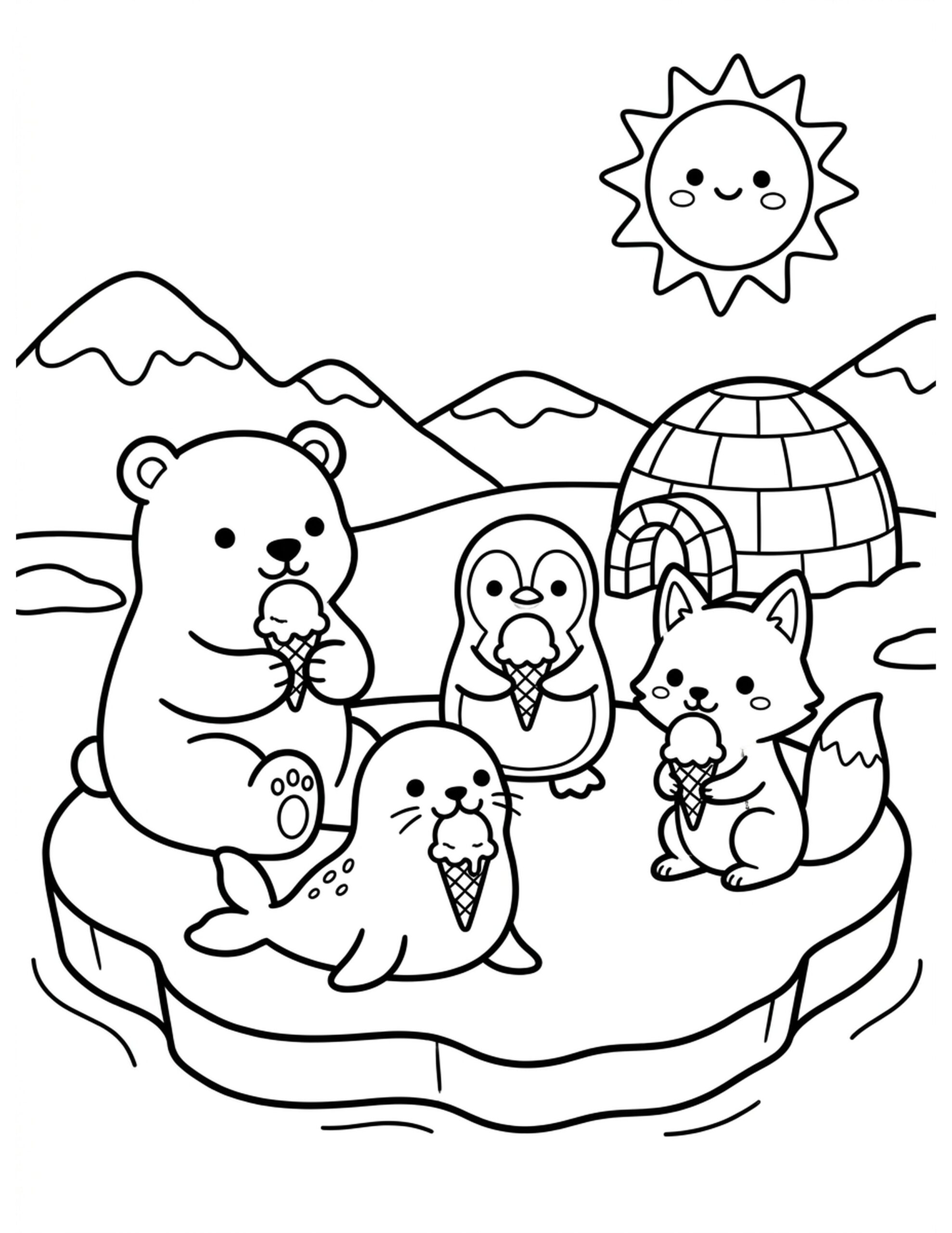 Ice Cream Party on the Ice Coloring Page