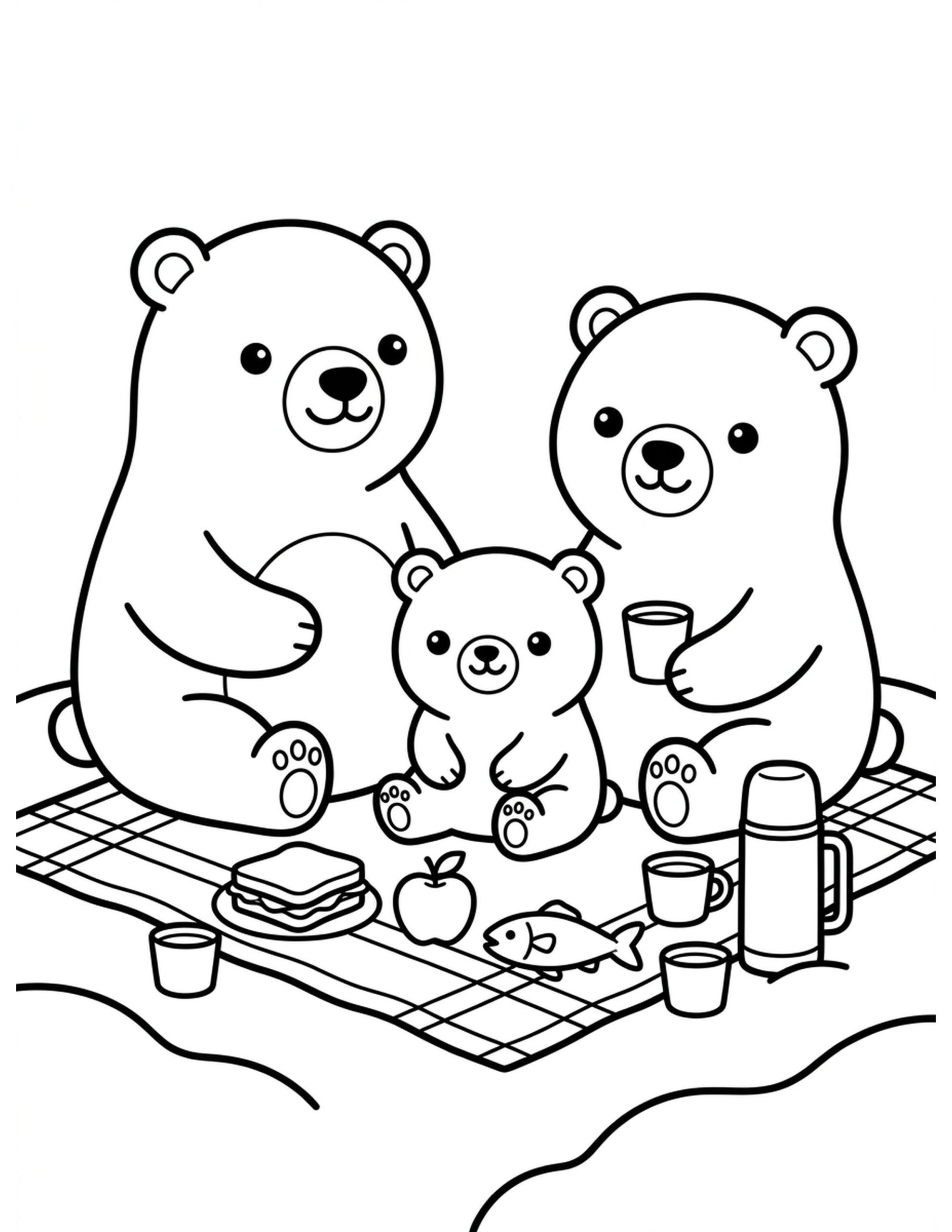 Polar Bear Family Picnic Coloring Page