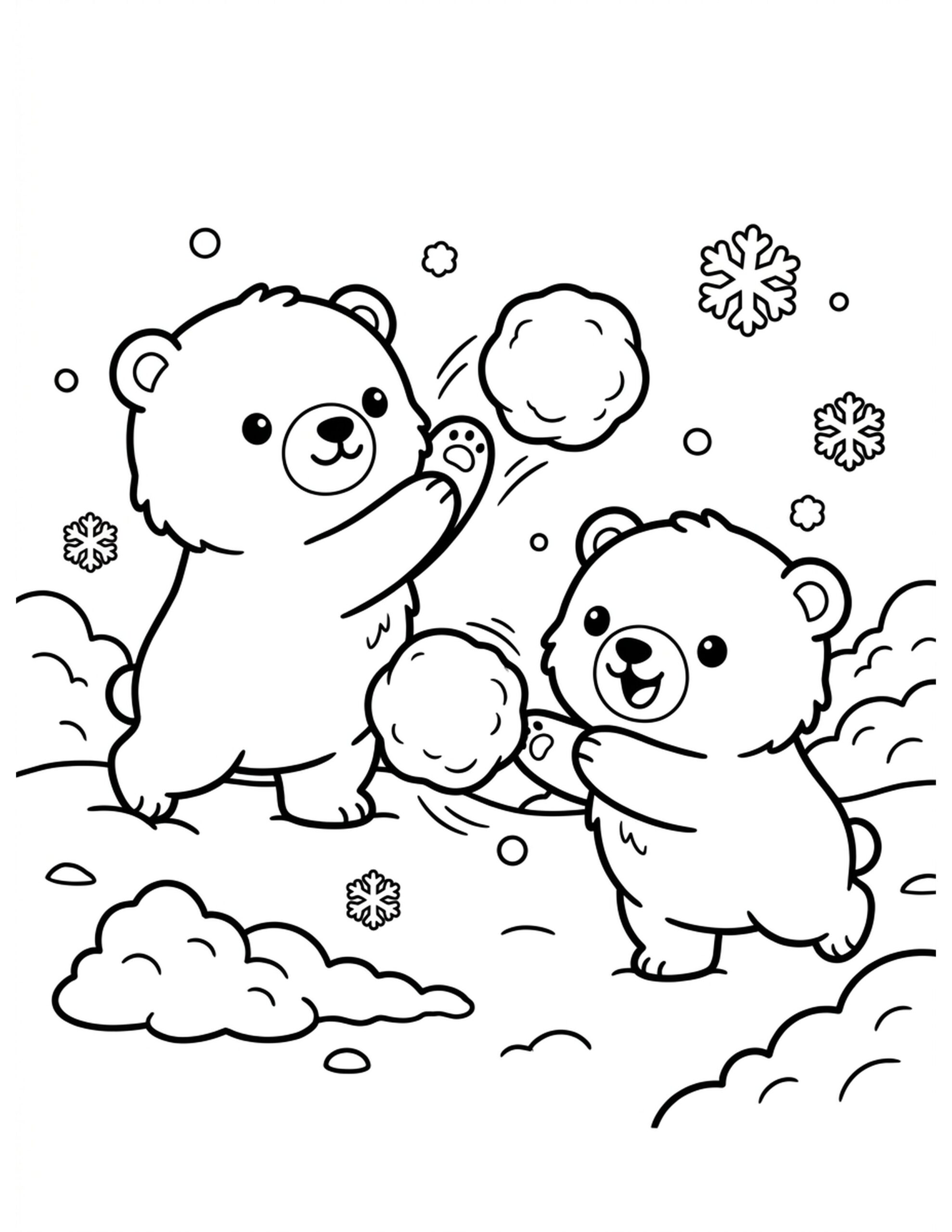 Polar Bear Cub Snowball Fight Coloring Page