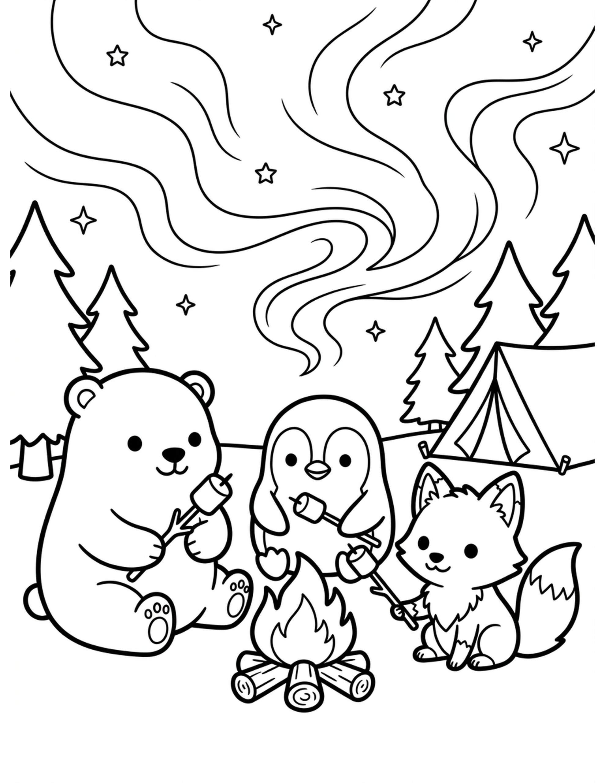 Northern Lights Campfire Coloring Page