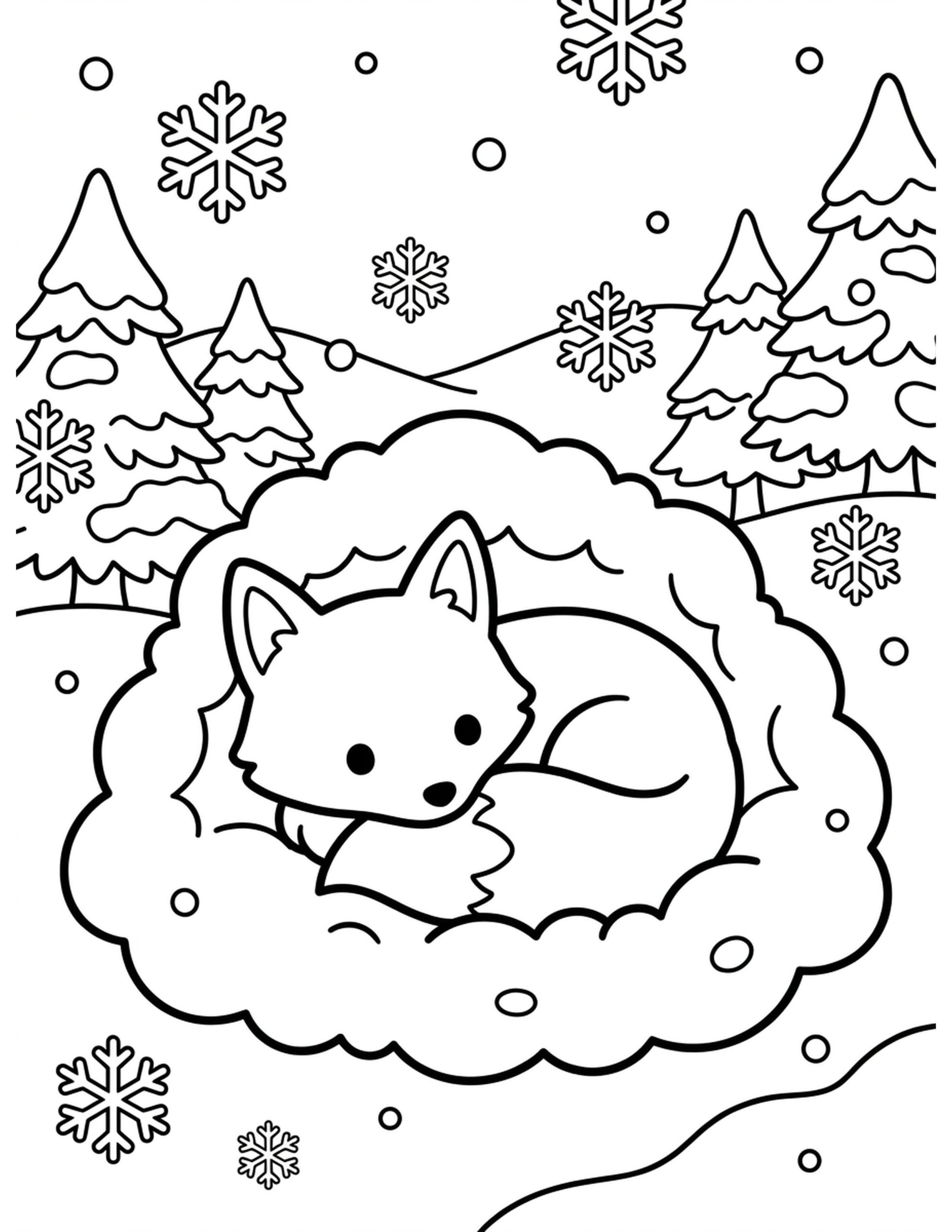 Arctic Fox in Winter Wonderland Coloring Page
