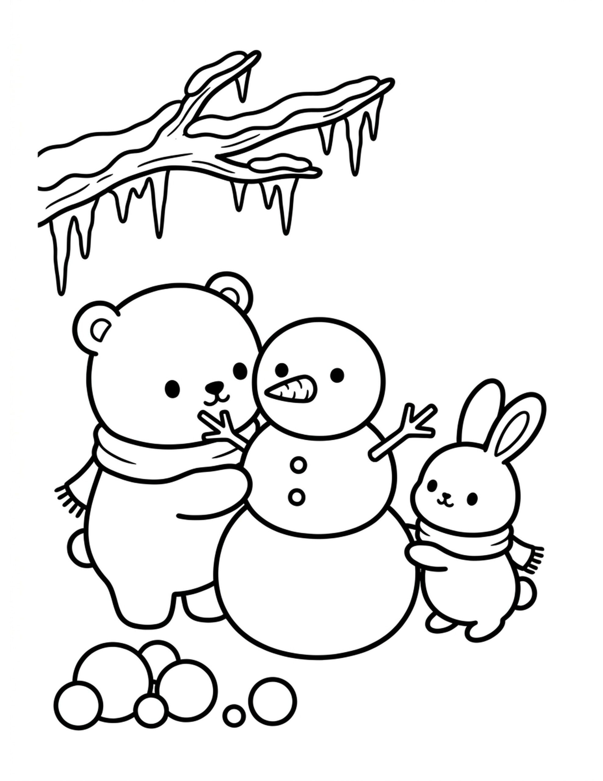 Polar Bear Snowman Building Coloring Page