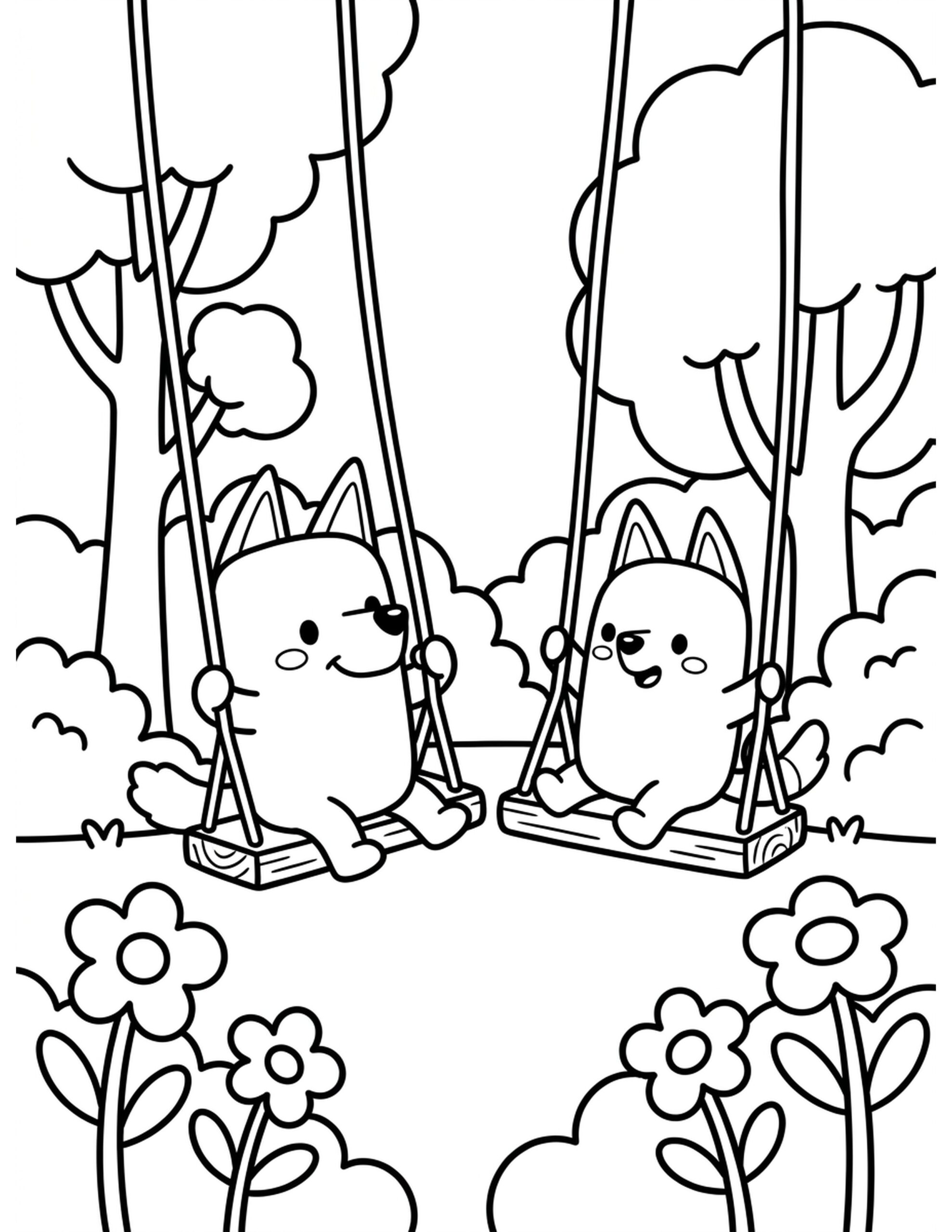 Bluey and Bingo Playing in the Park Coloring Page