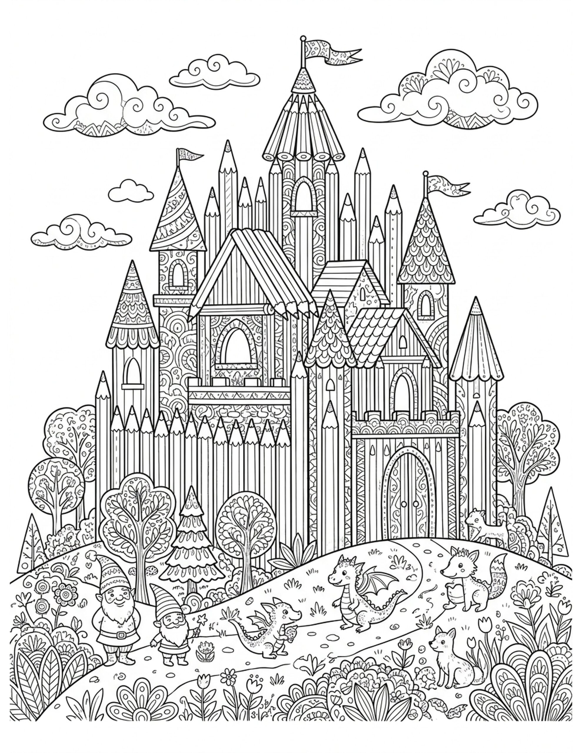 Dreamy Pencil Castle Coloring Page