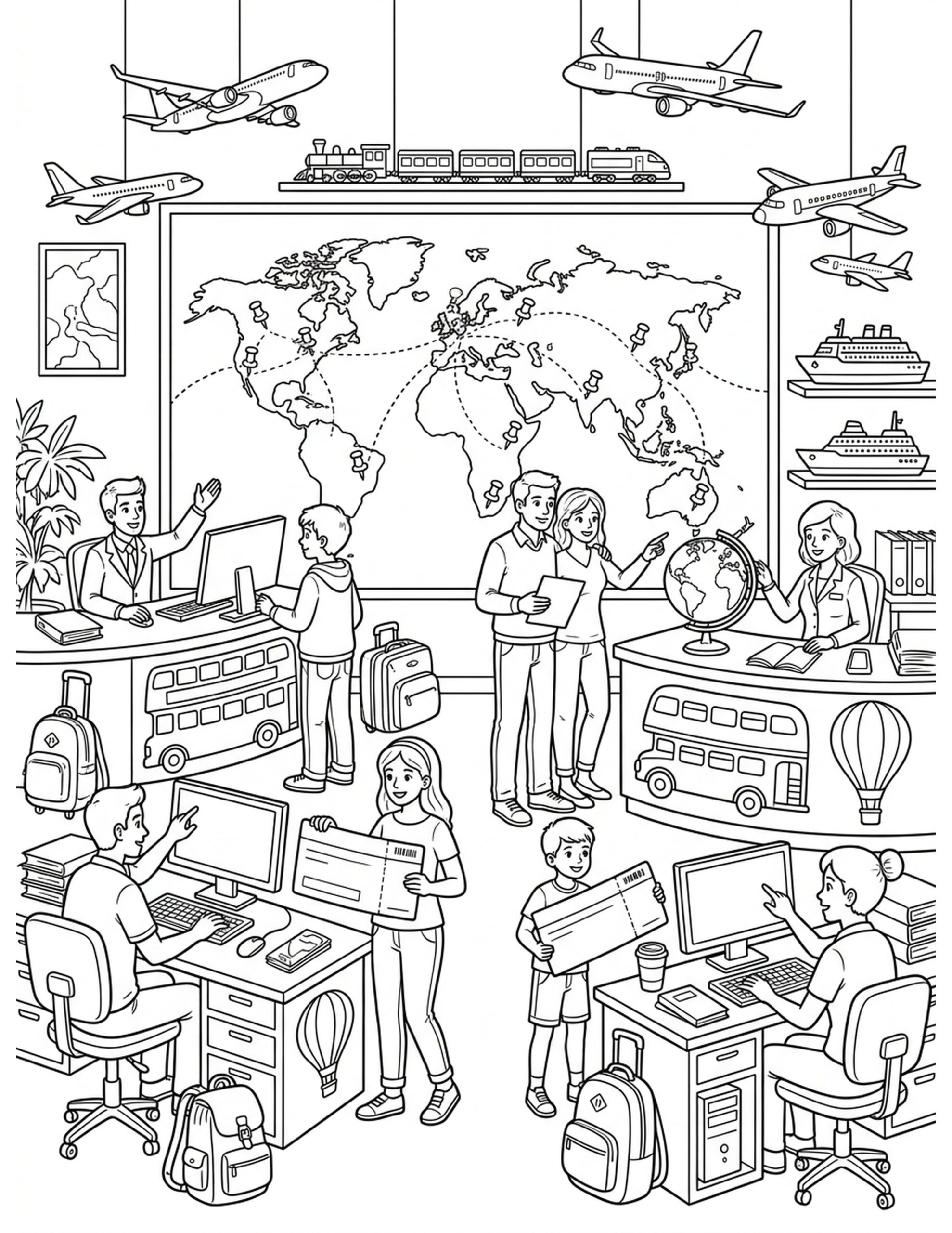 Travel Adventure Hub Coloring Page