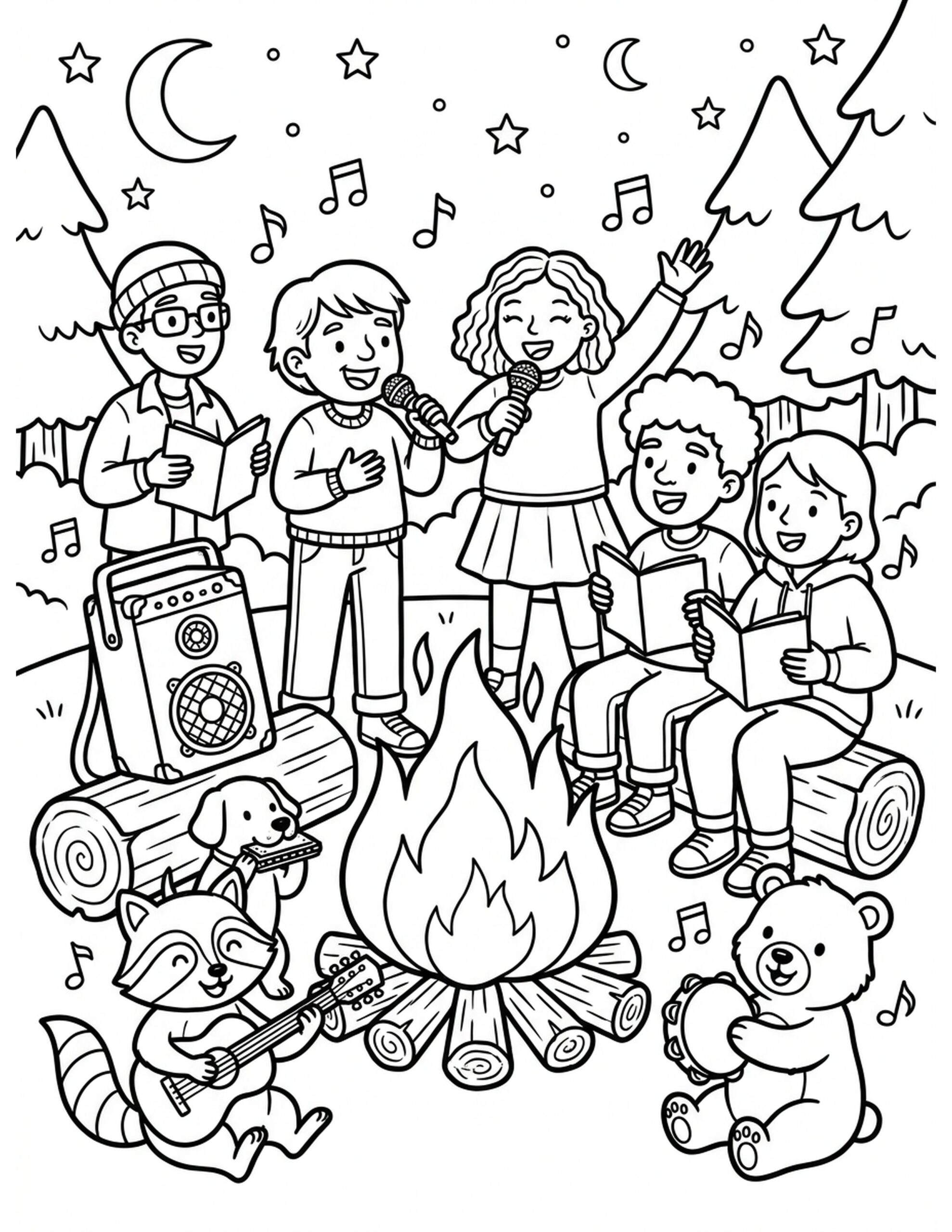 Bonfire Karaoke Night Coloring Page