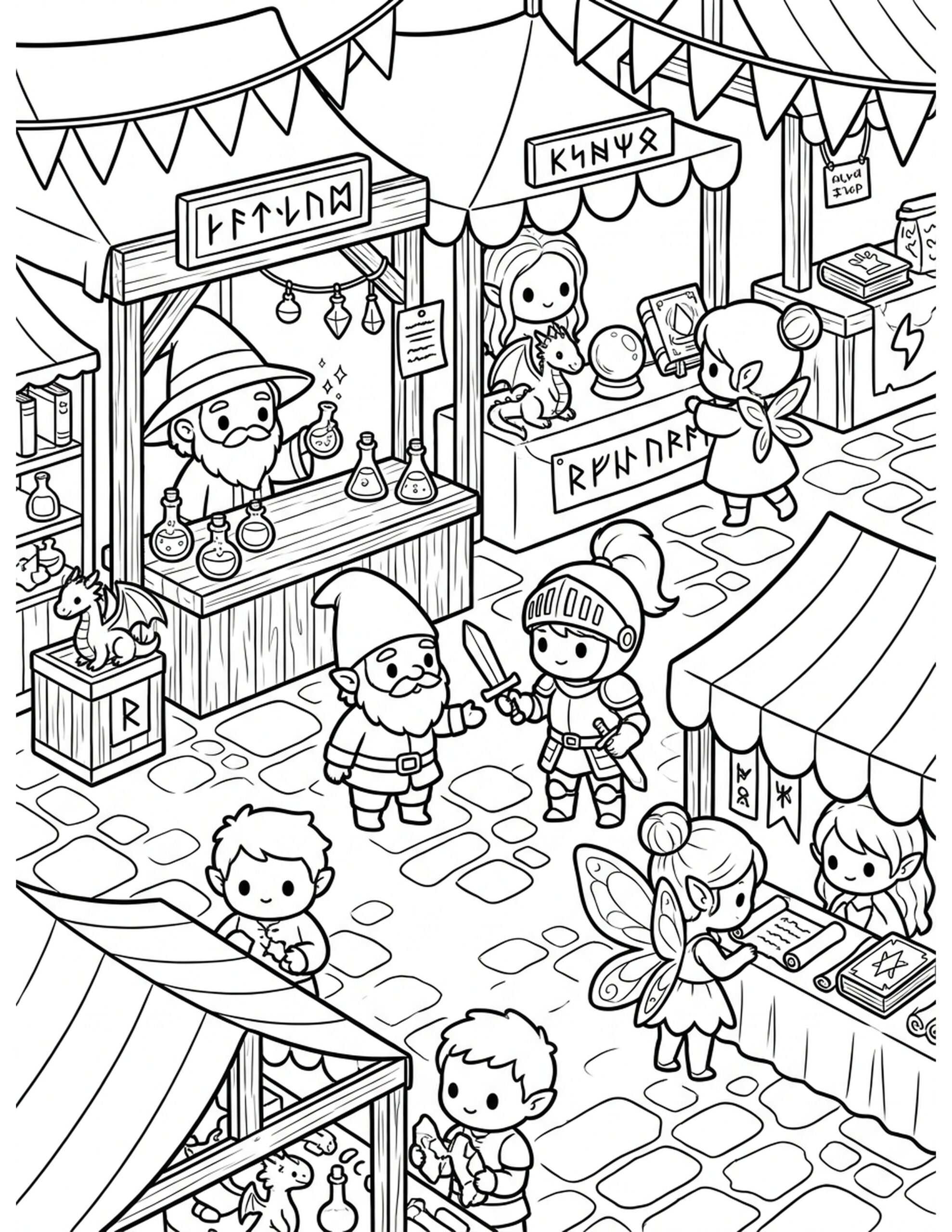 Chibi Fantasy Market Day Coloring Page