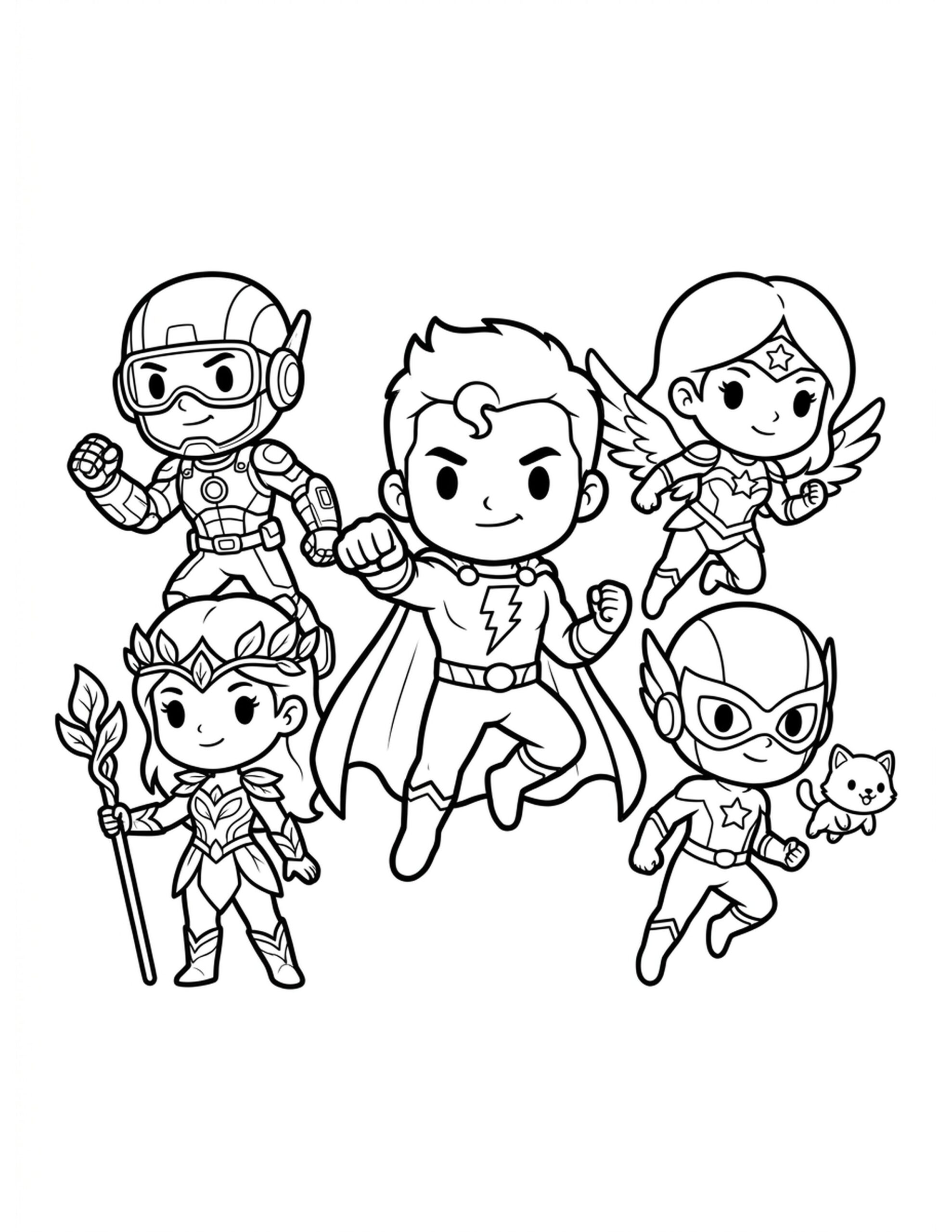 Chibi Superhero Team Coloring Page