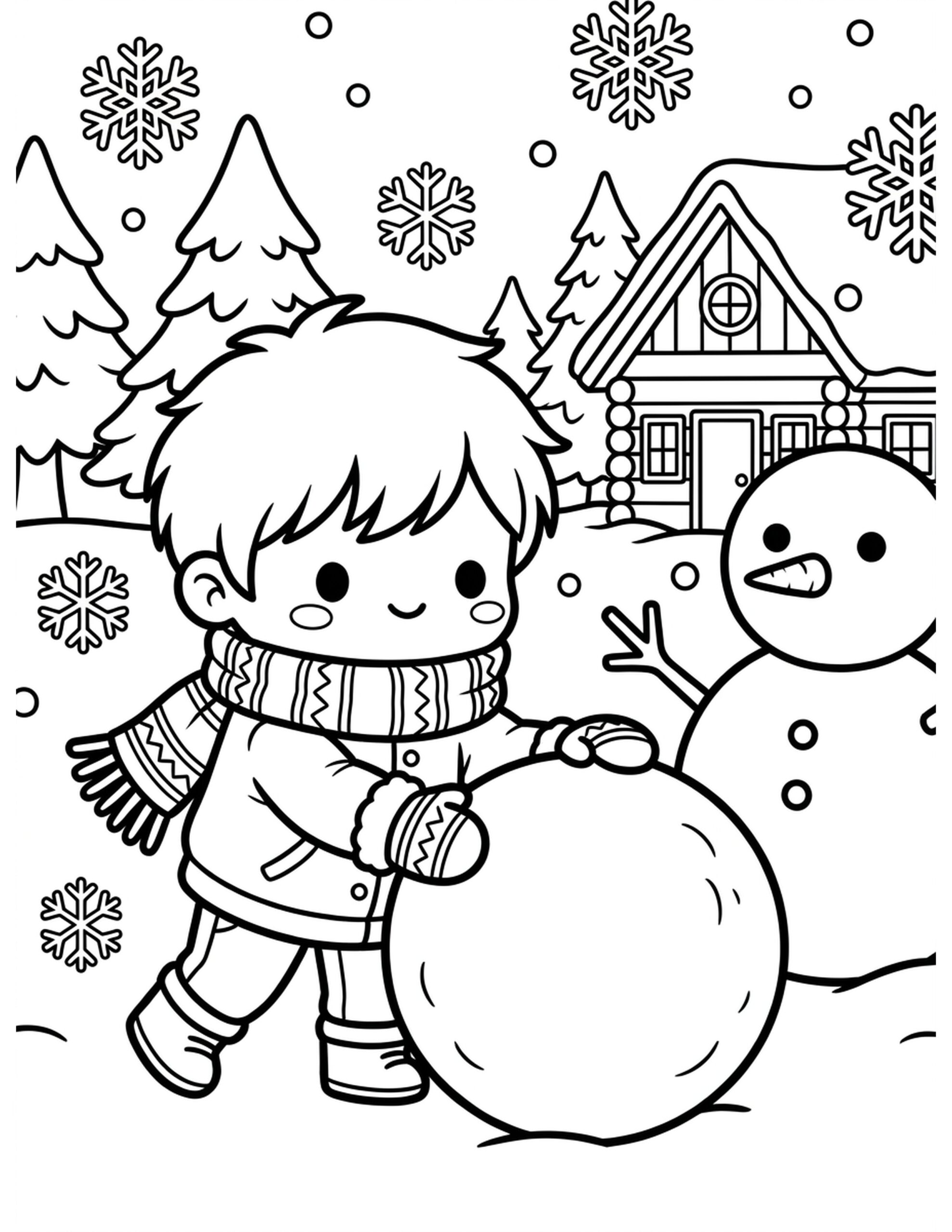 Chibi Cozy Winter Scene Coloring Page