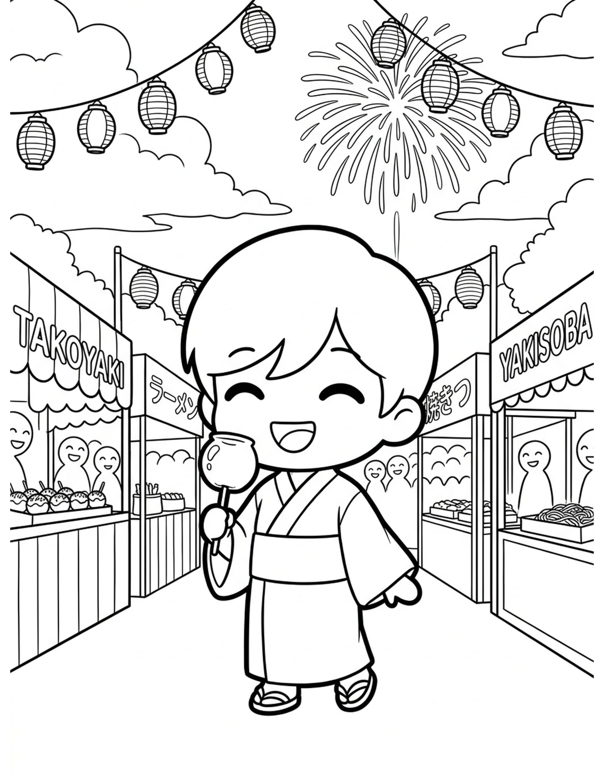 Chibi Festival Celebration Coloring Page