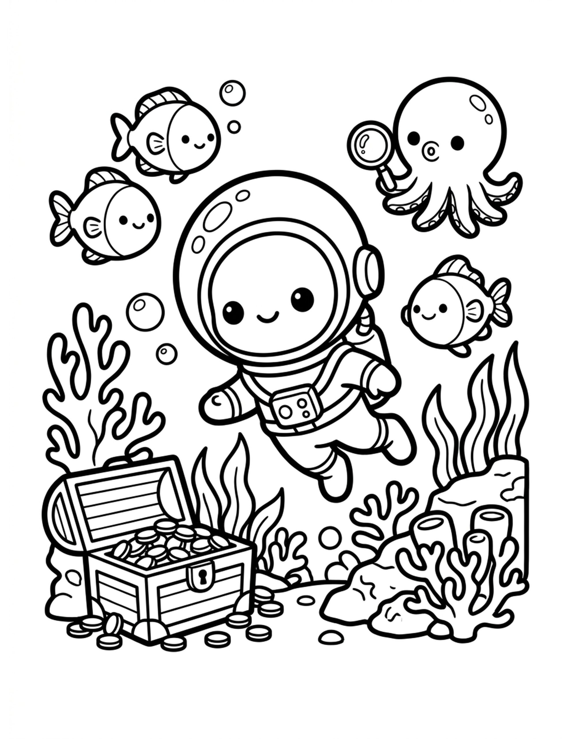 Chibi Underwater Exploration Coloring Page