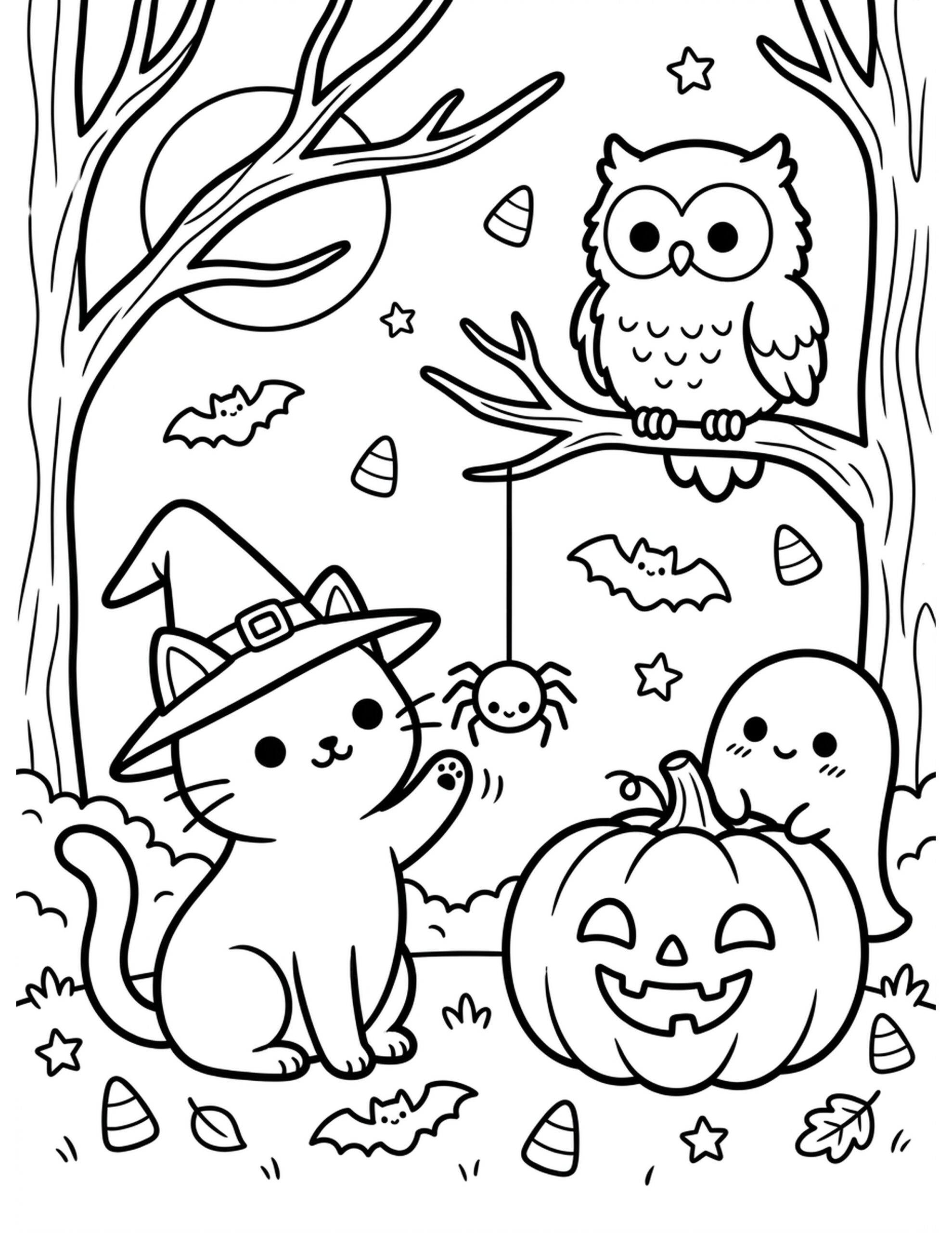 Happy Halloween Animals Coloring Page