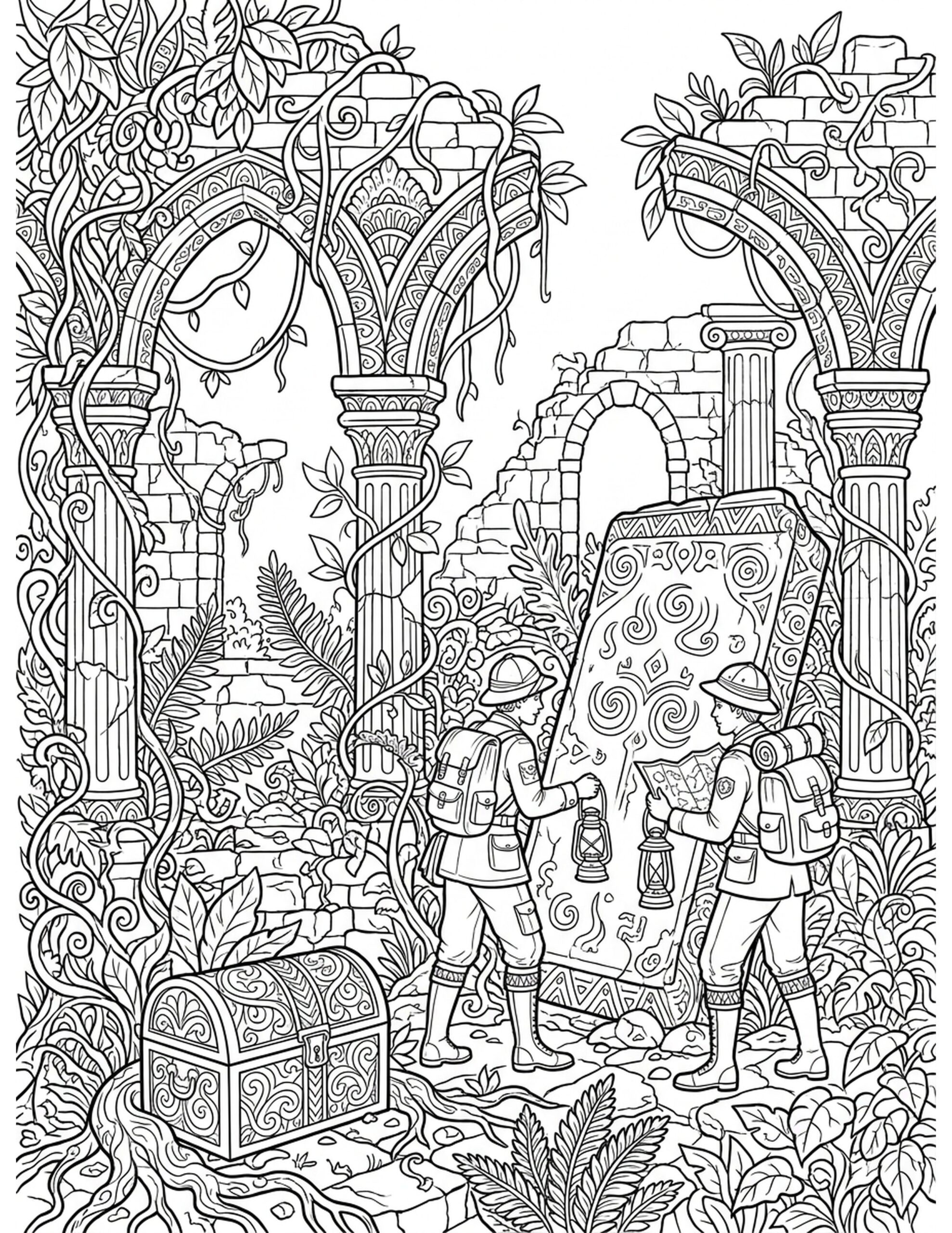 Ancient Ruins Exploration Coloring Page