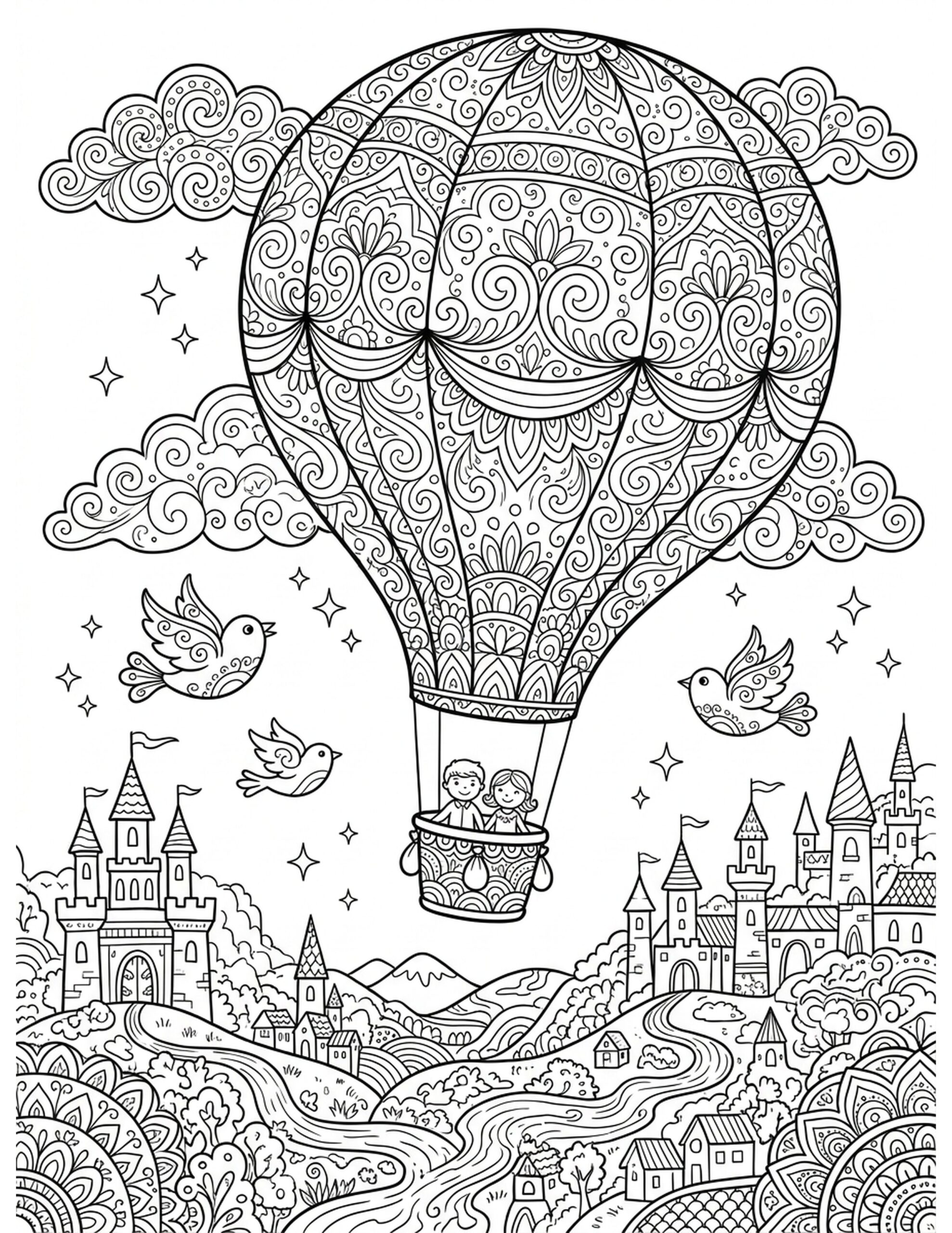 Dreamy Hot Air Balloon Ride Coloring Page