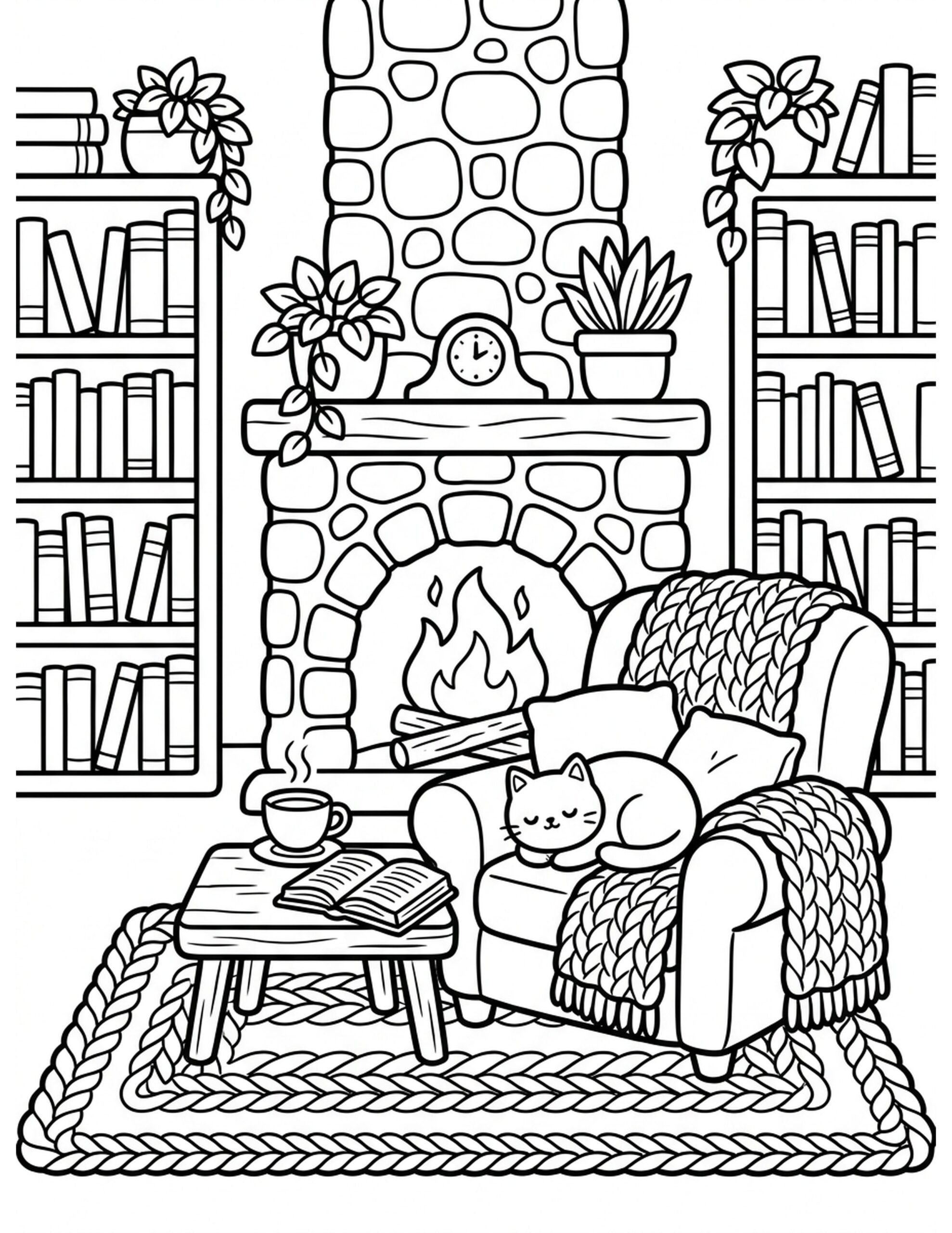 Cozy Fireplace and Book Nook Coloring Page