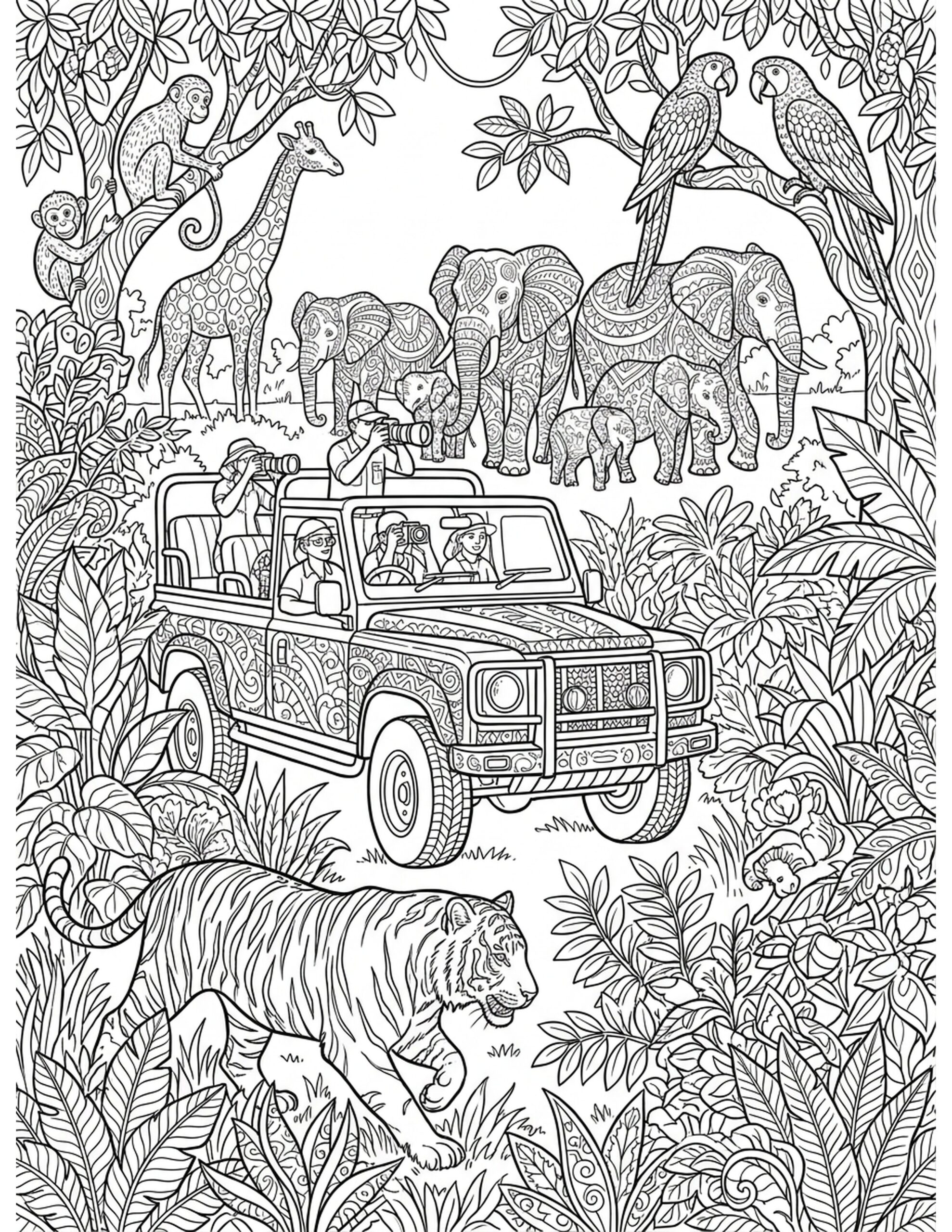 Adventurous Jungle Safari Coloring Page
