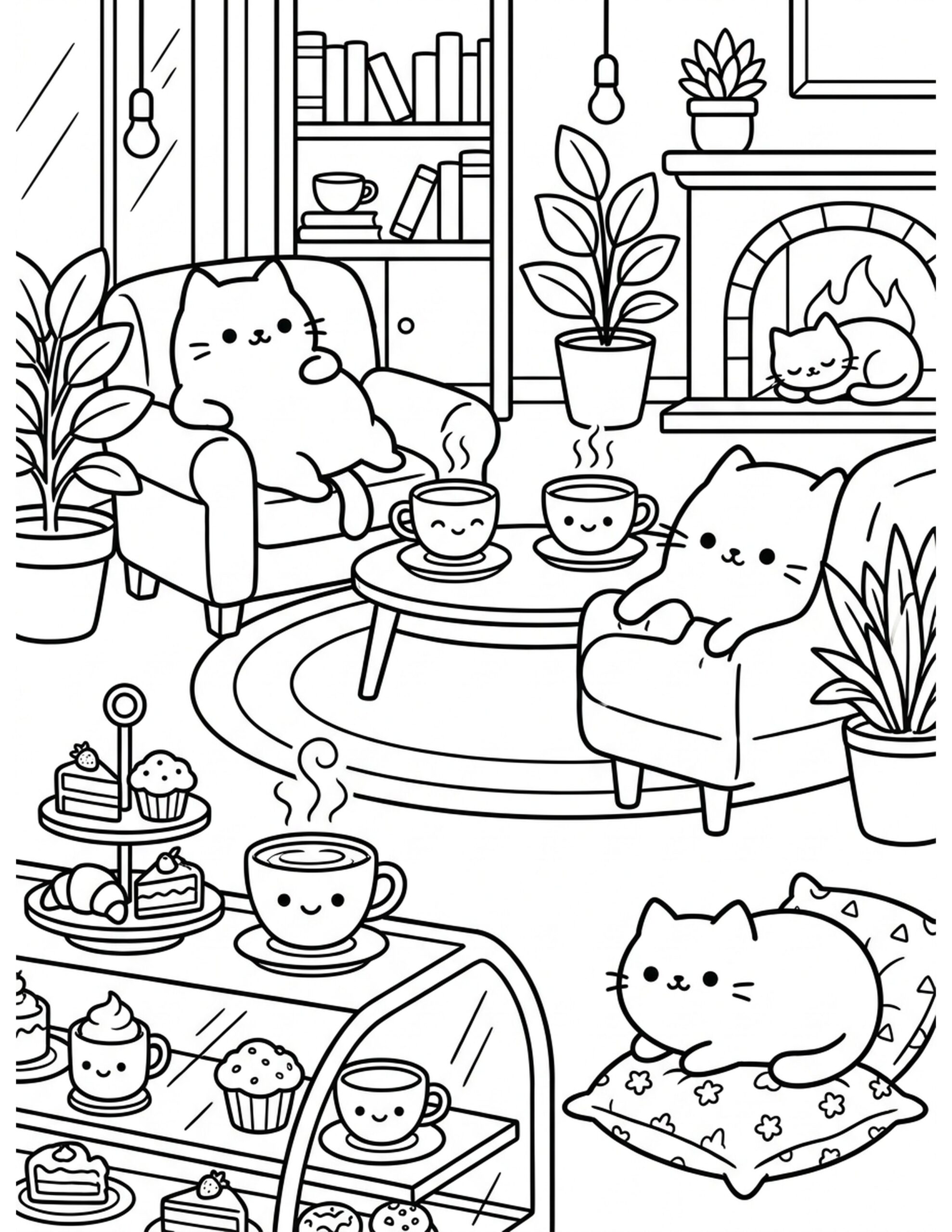 Cozy Café with Cats Coloring Page