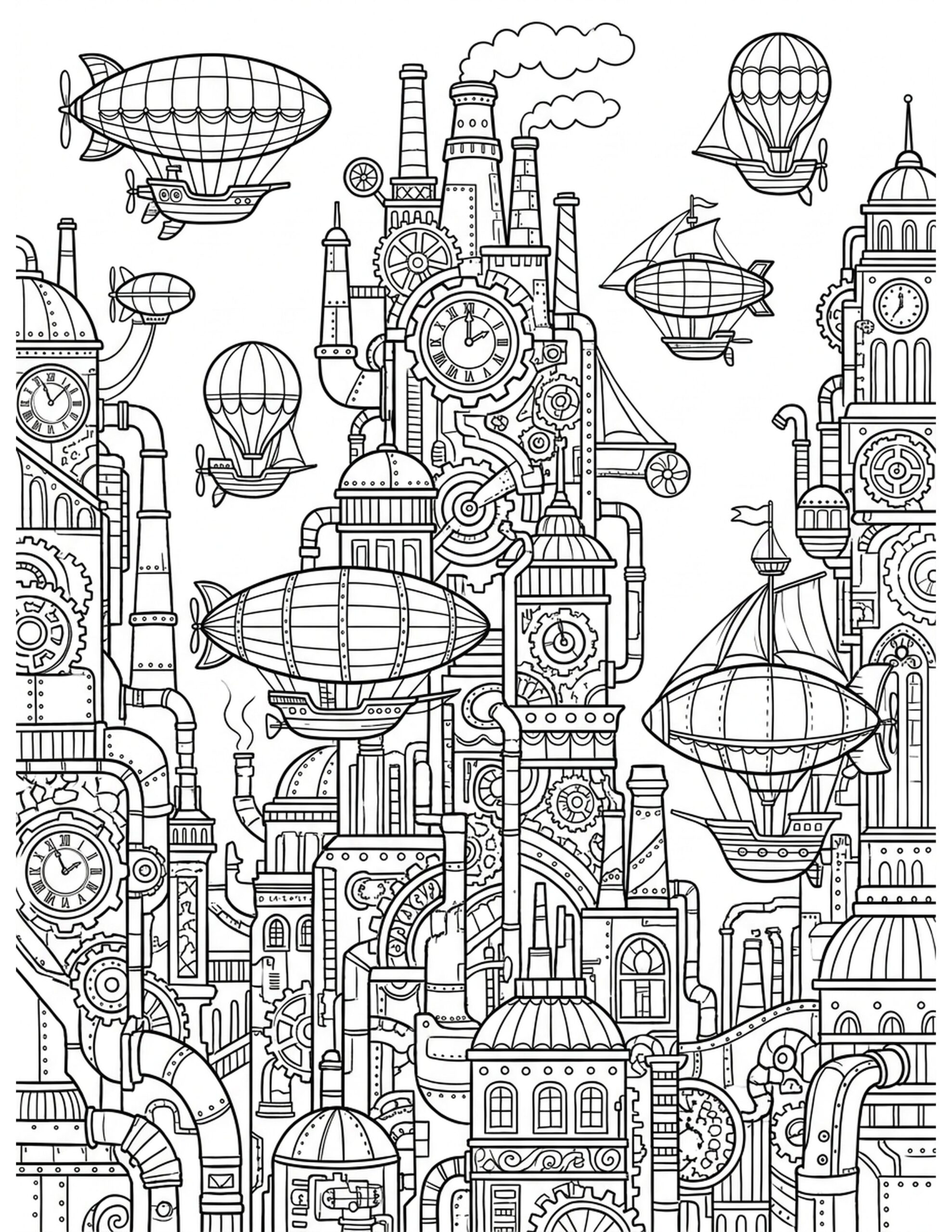 Steampunk Cityscape Coloring Page