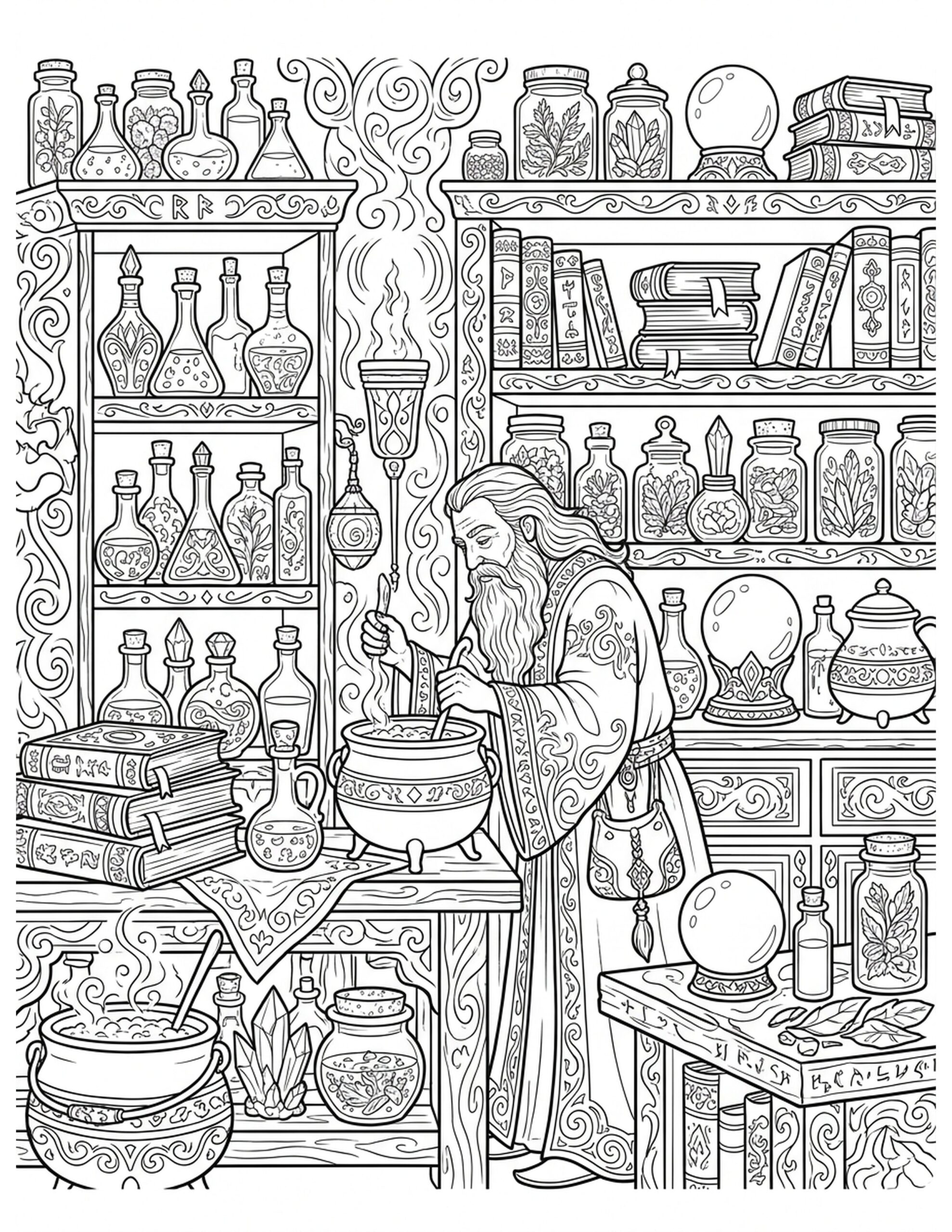 Wizard's Potion Laboratory Coloring Page