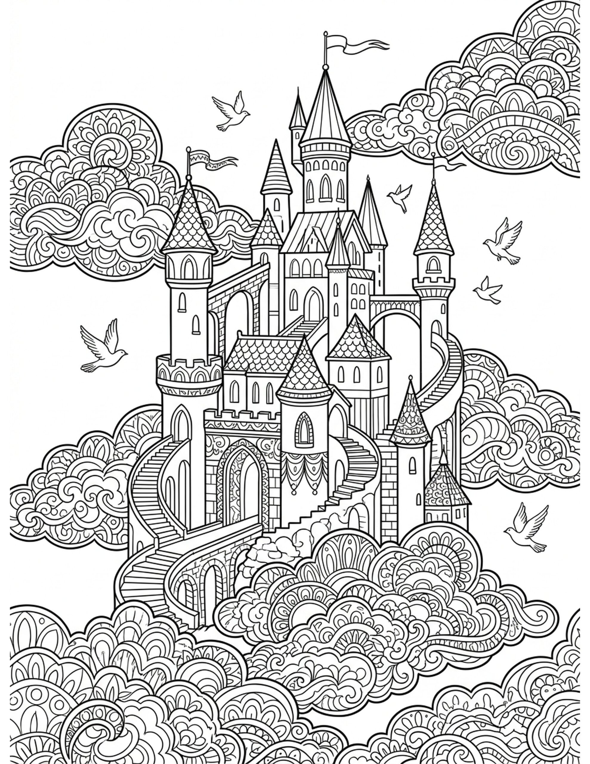Majestic Castle in the Clouds Coloring Page