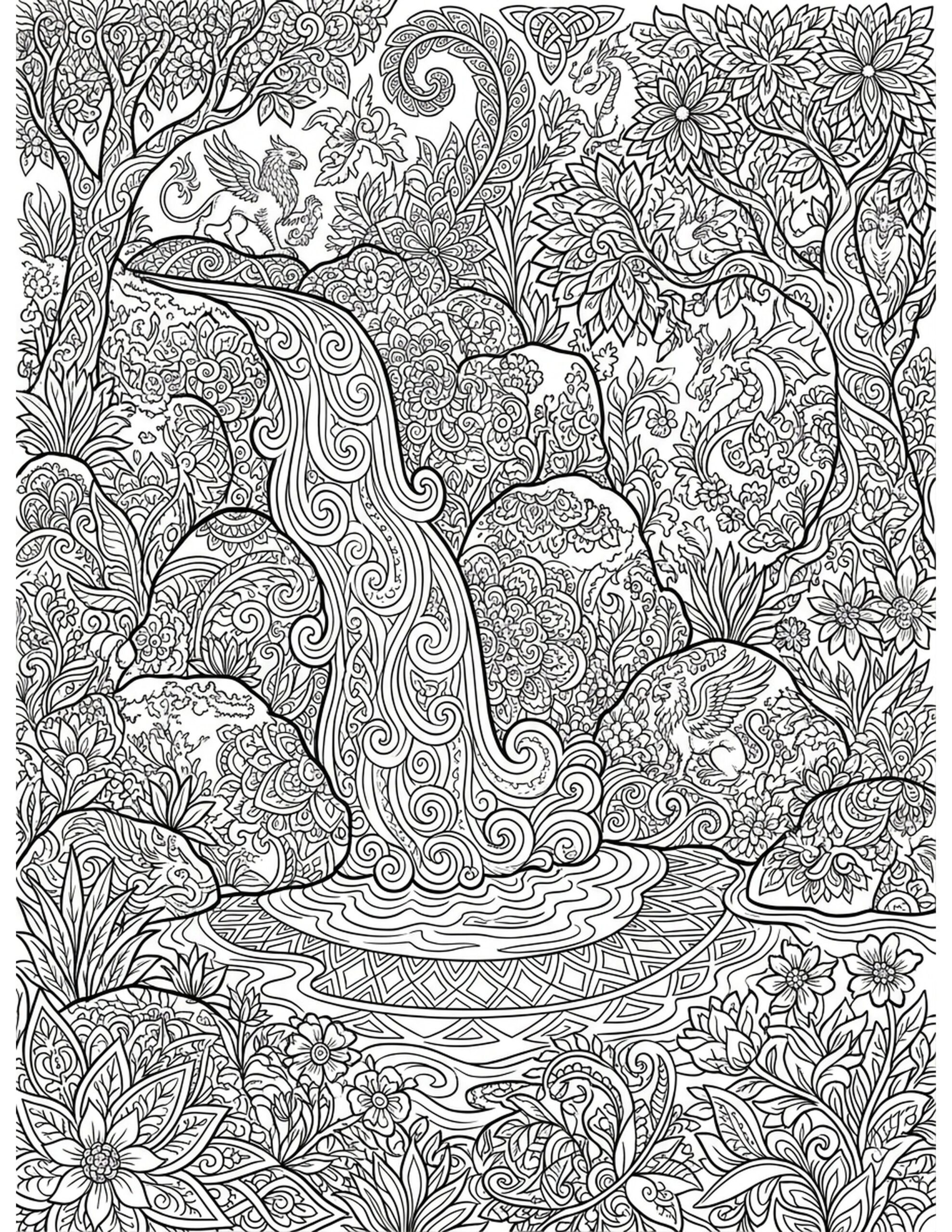 Tranquil Waterfall and Stream Coloring Page