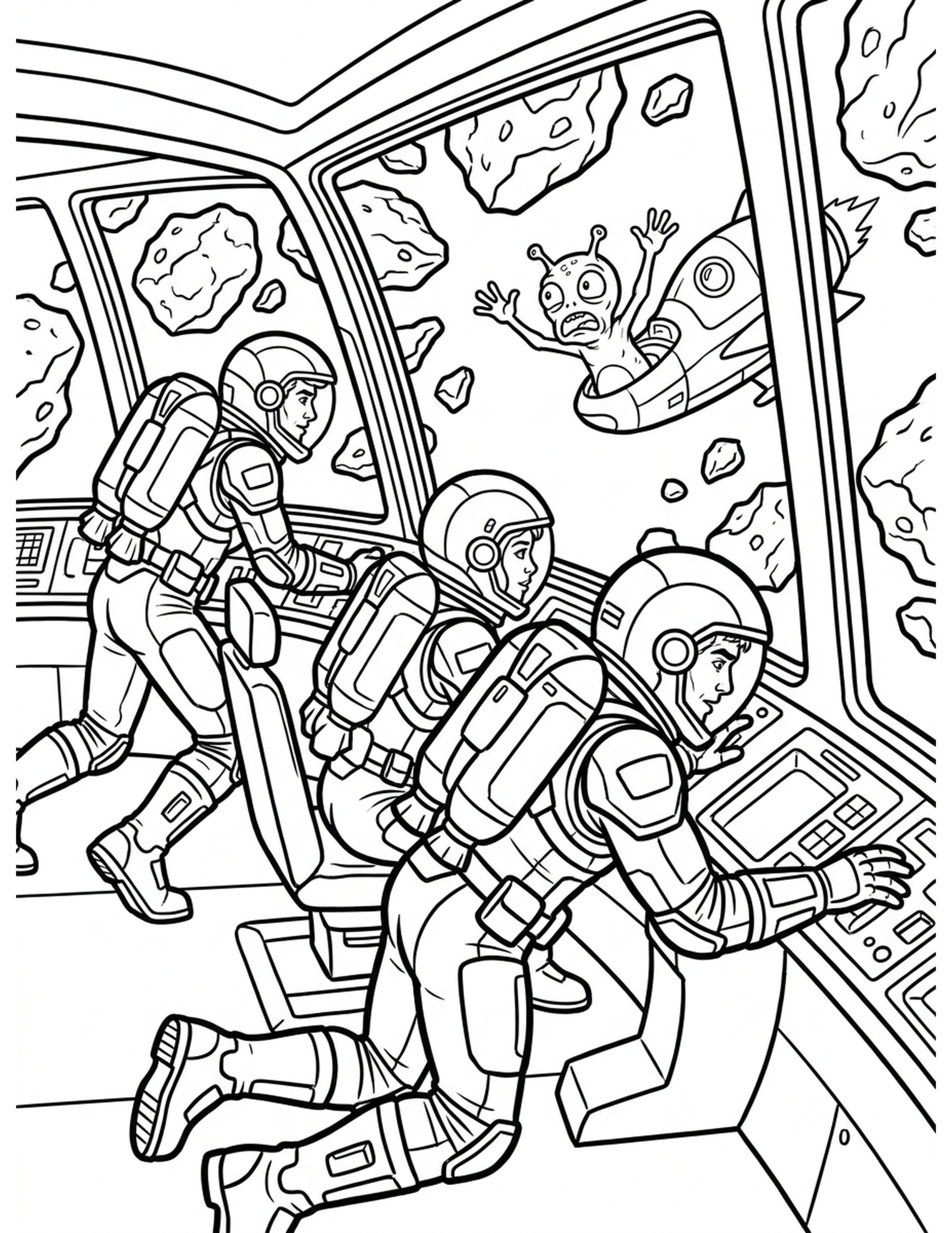 Space Heroes Rescue Mission Coloring Page