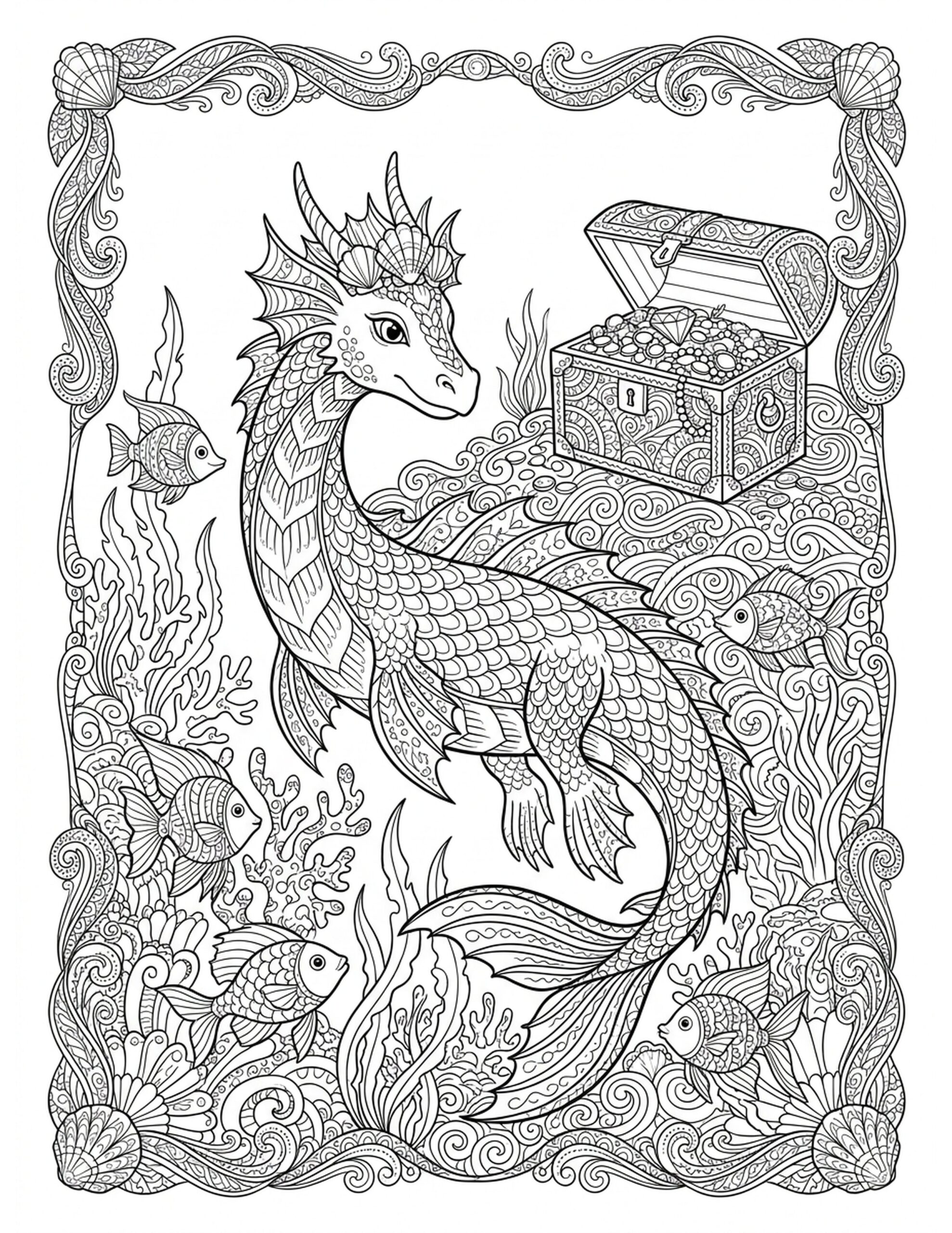 Underwater Dragon Adventure Coloring Page