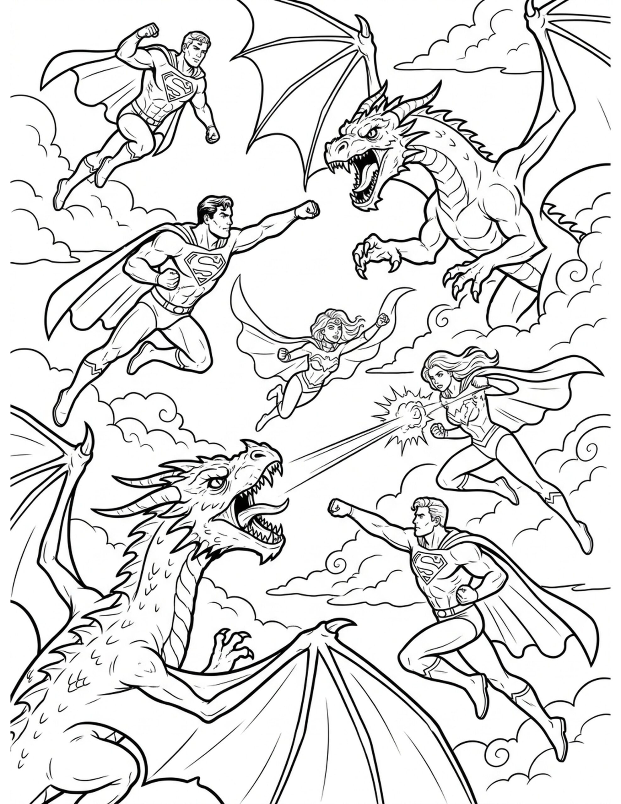 Sky Battle Between Heroes and Dragons Coloring Page