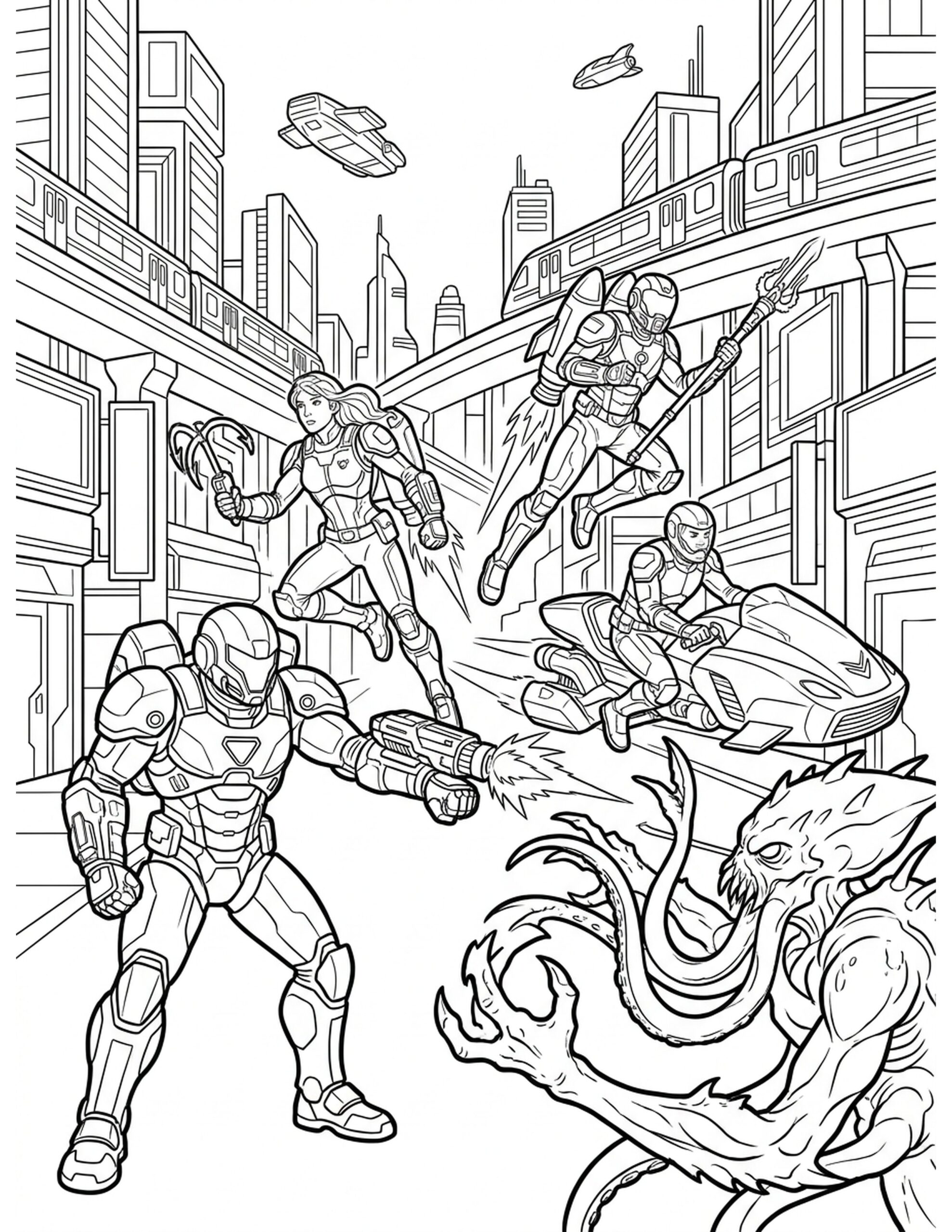 Sci-Fi Heroes in Action Coloring Page
