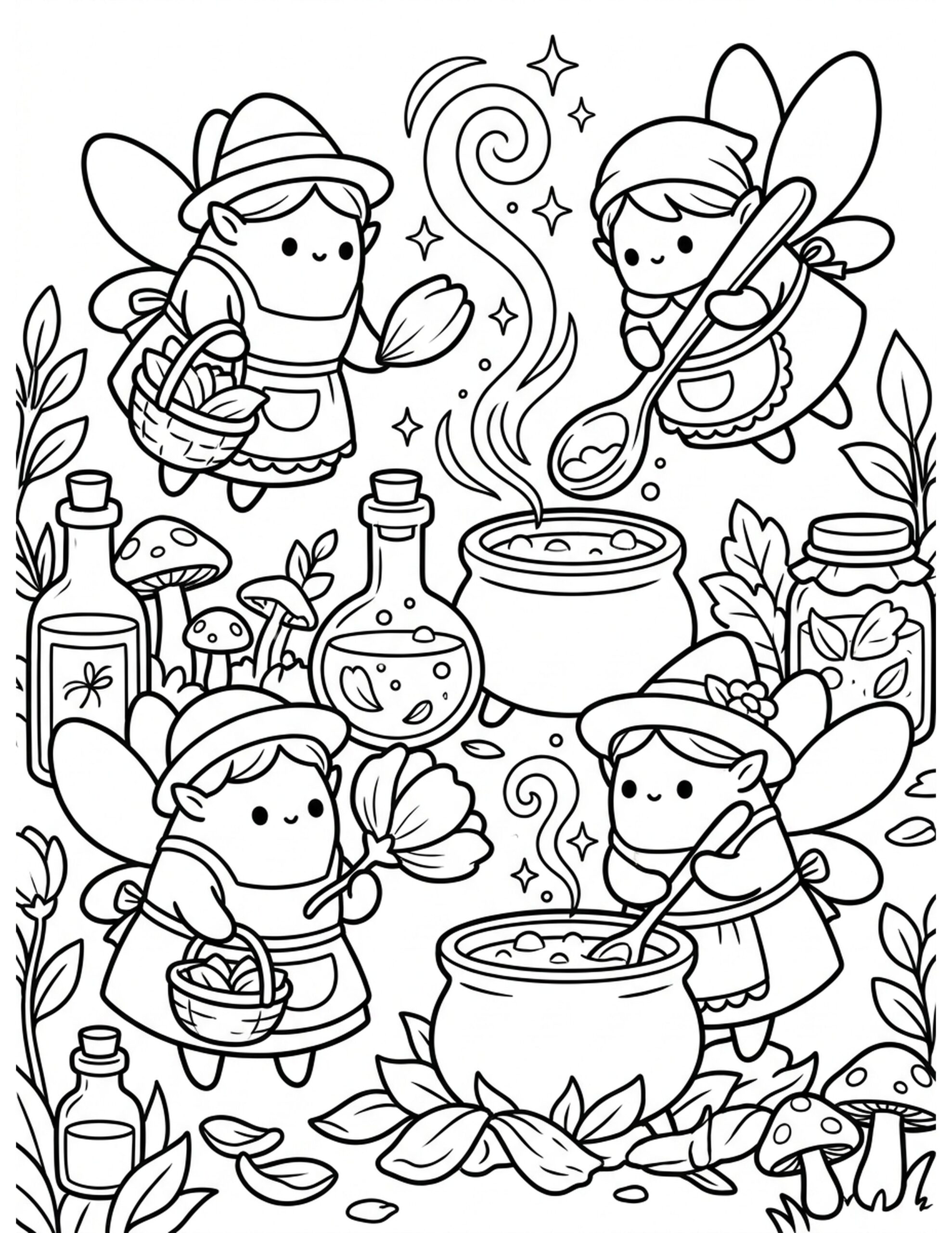 Fairies Making Flower Potions Coloring Page