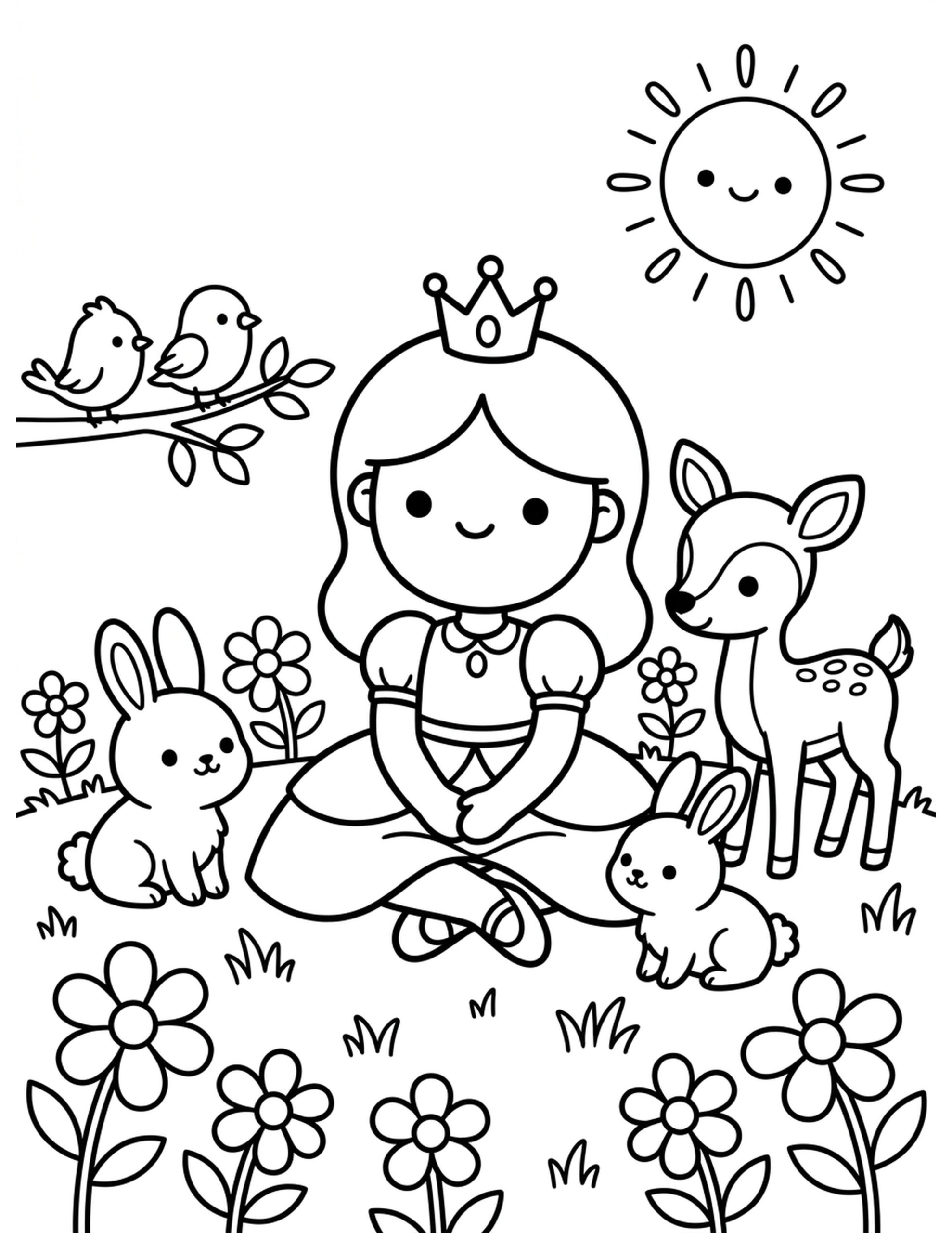 Princess with Animal Friends Coloring Page