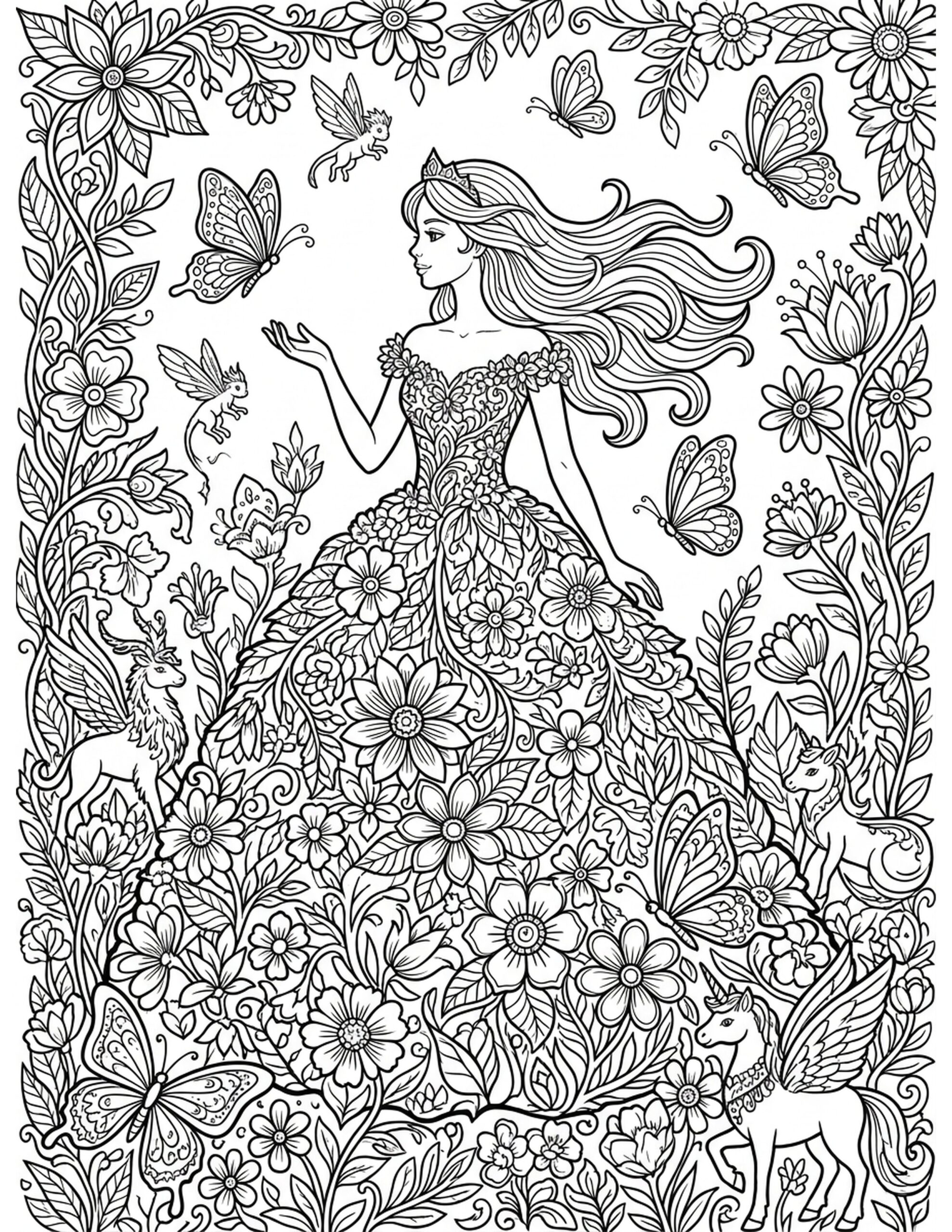 Princess in a Flower Dress Coloring Page