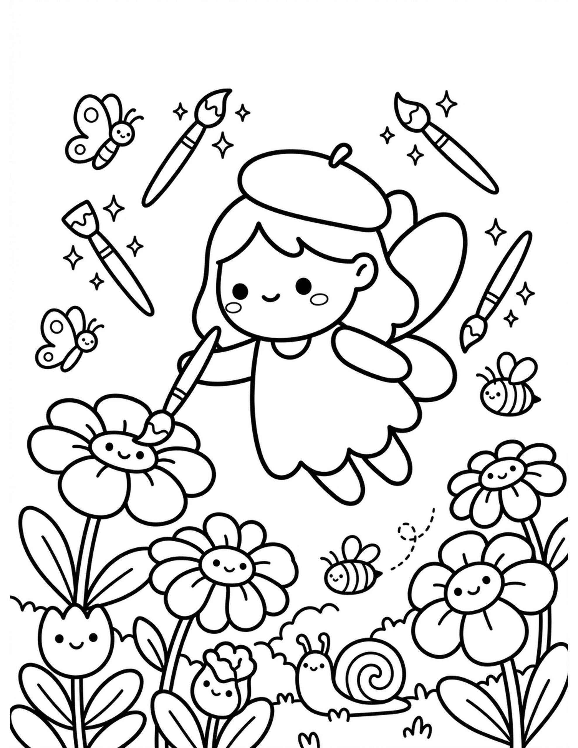 Fairy Painting Flowers Coloring Page