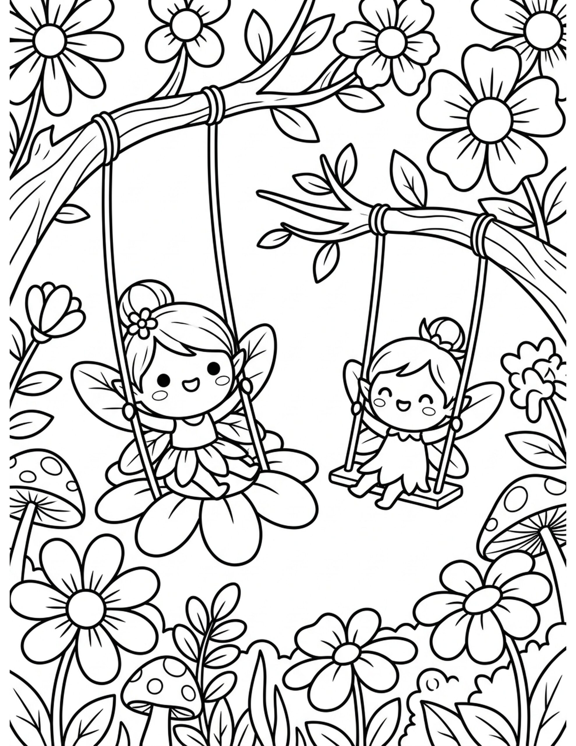 Fairies Swinging on Flower Swings Coloring Page