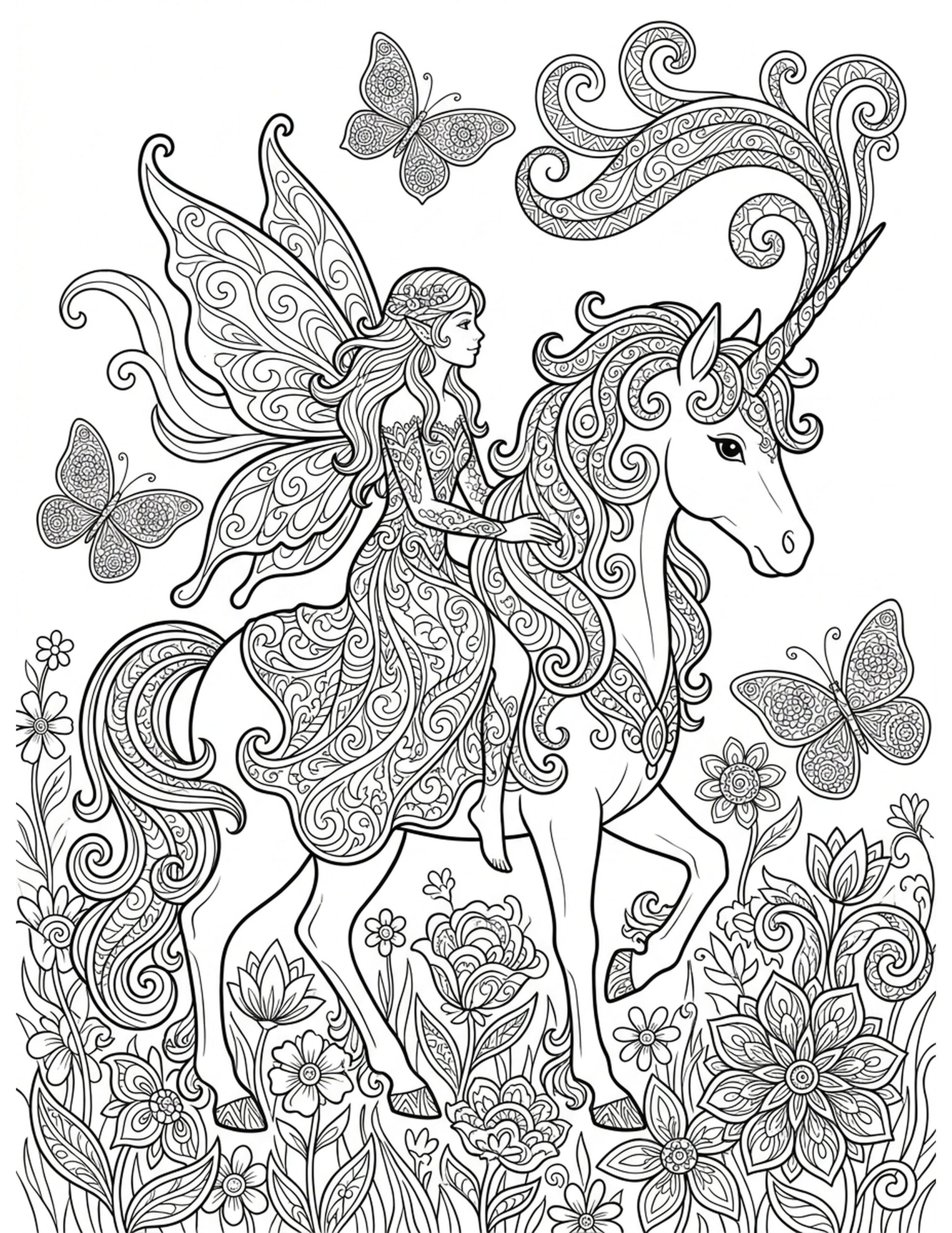 Majestic Unicorn and Fairy Coloring Page