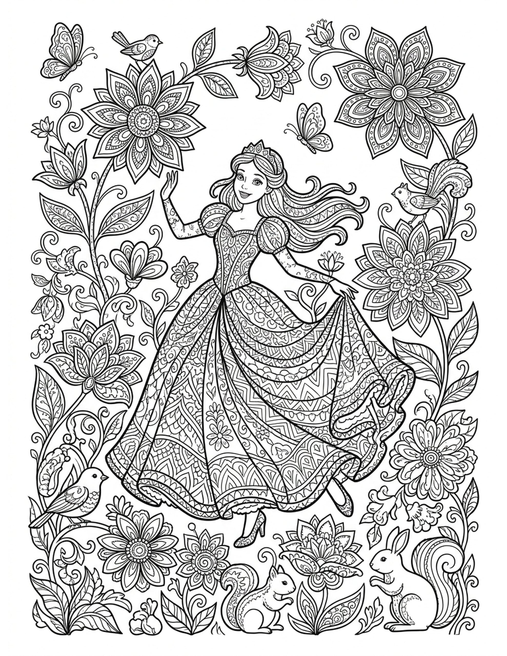 Princess in a Flower Field Coloring Page