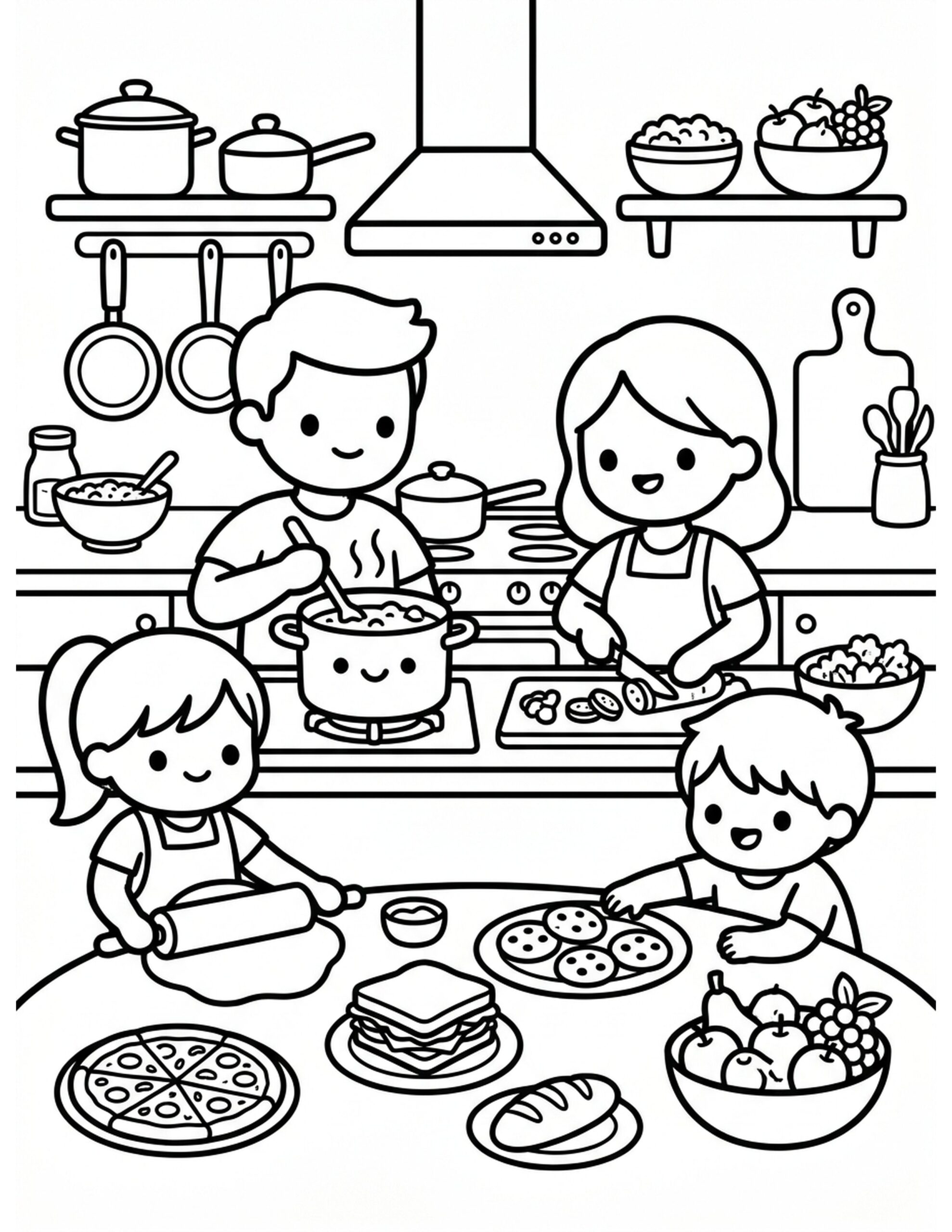 Family Cooking Day Coloring Page