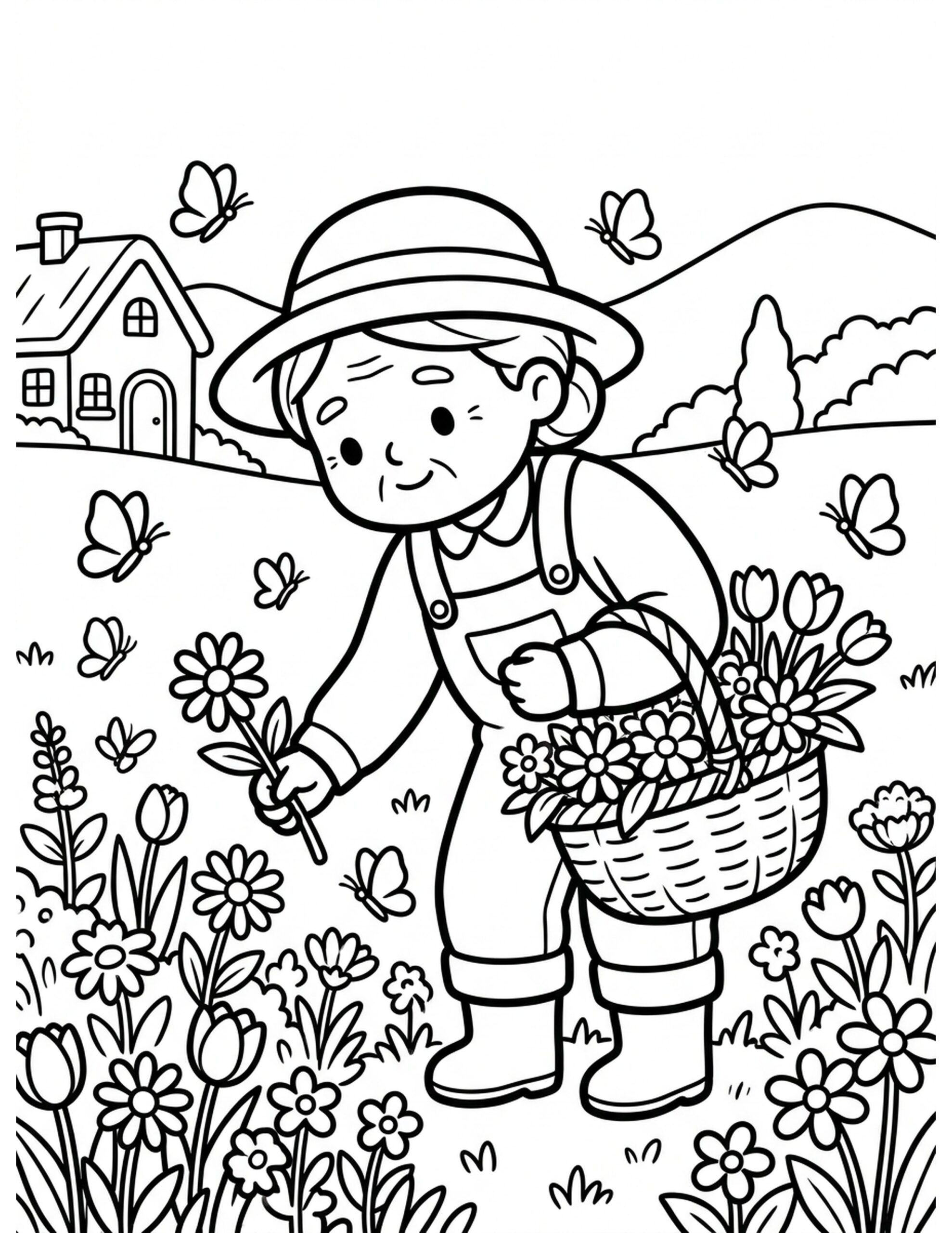 Flower Picking Adventure Coloring Page