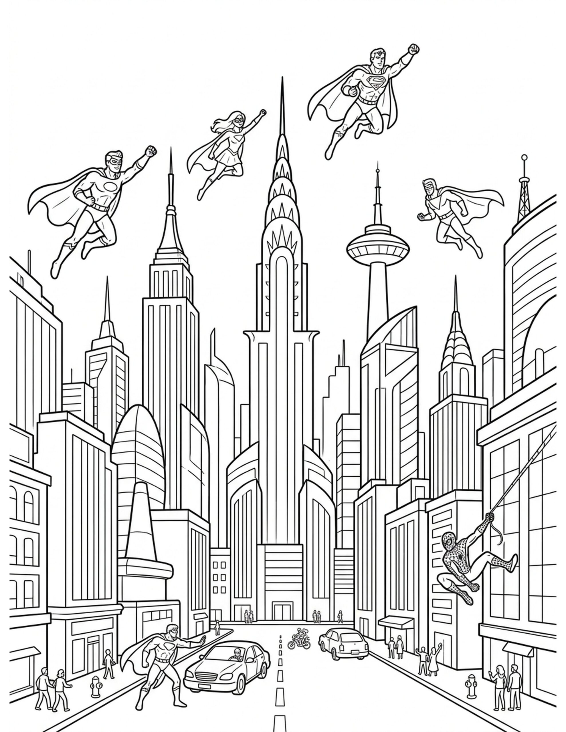 Iconic Superhero Cityscape Coloring Page