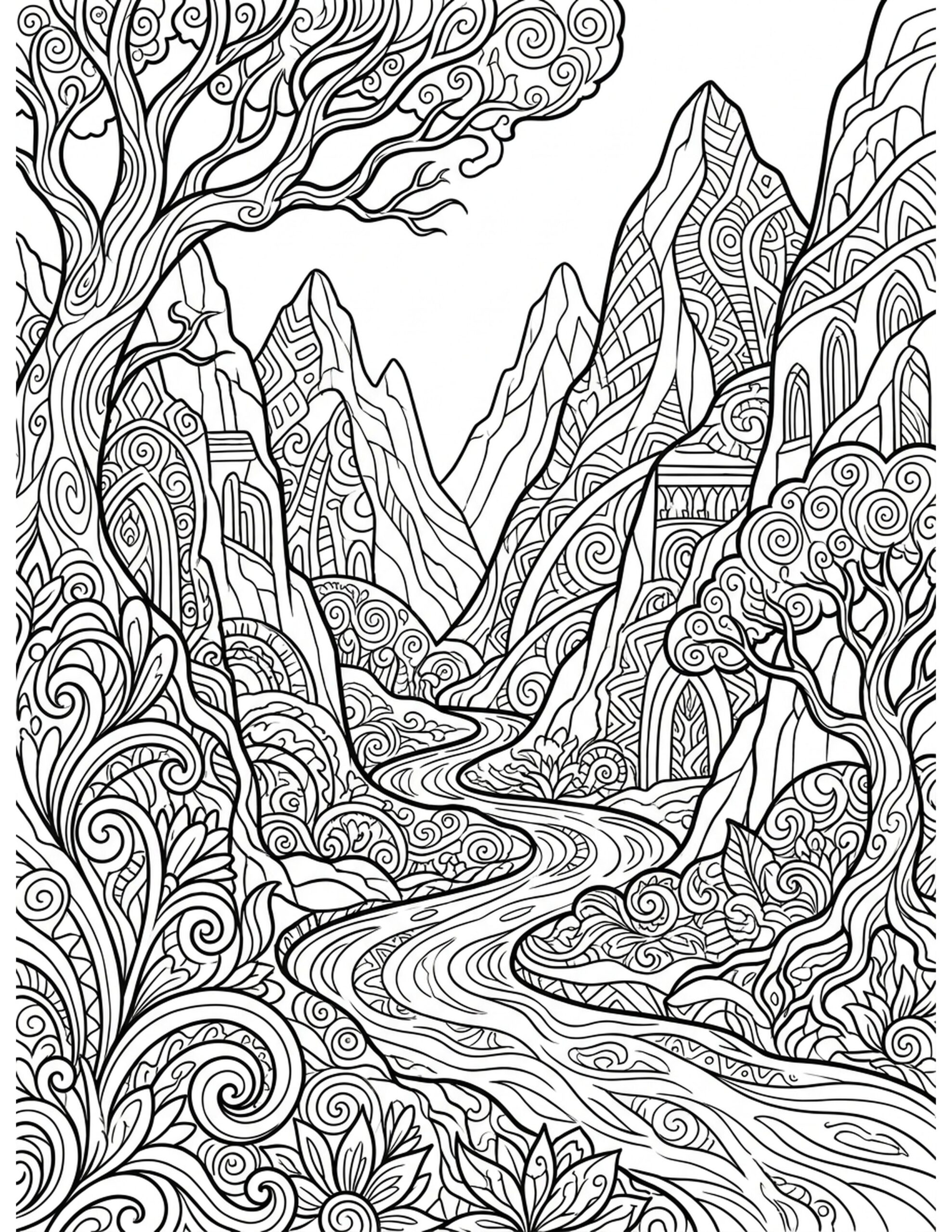 Fantasy Landscape Exploration Coloring Page