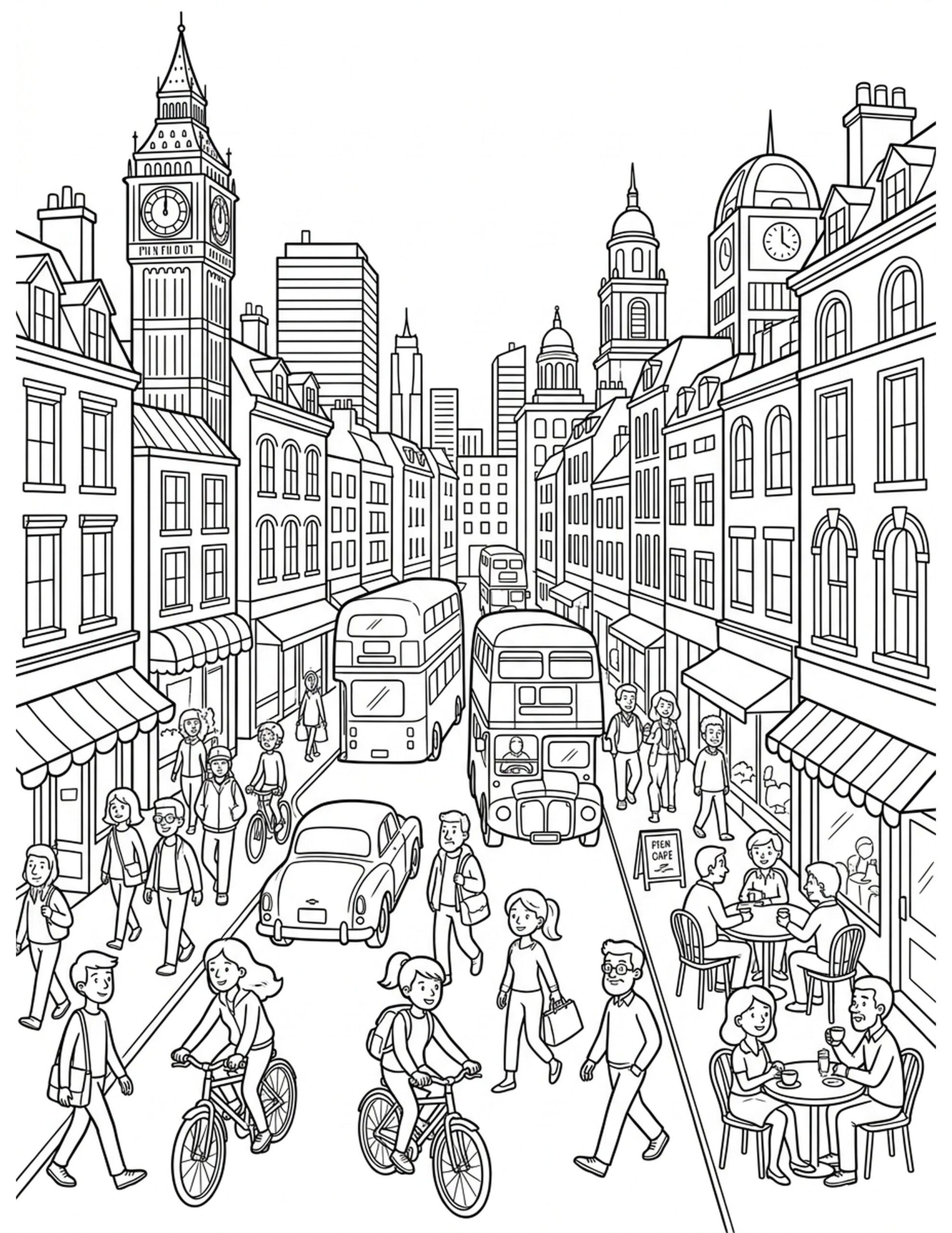 Vibrant City Life Coloring Page