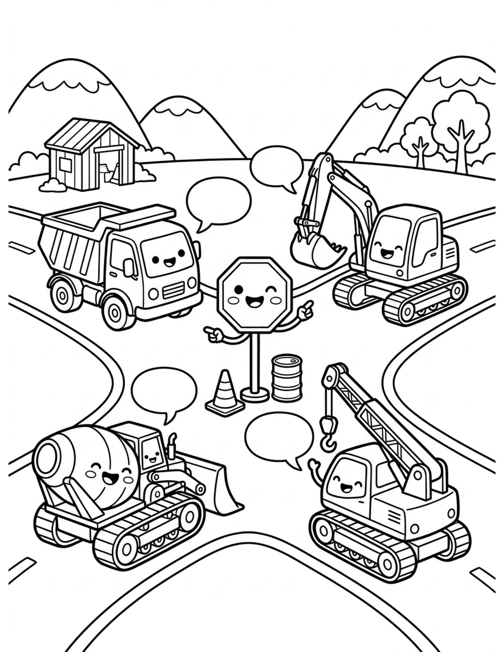 Construction Vehicle Crossroads Coloring Page