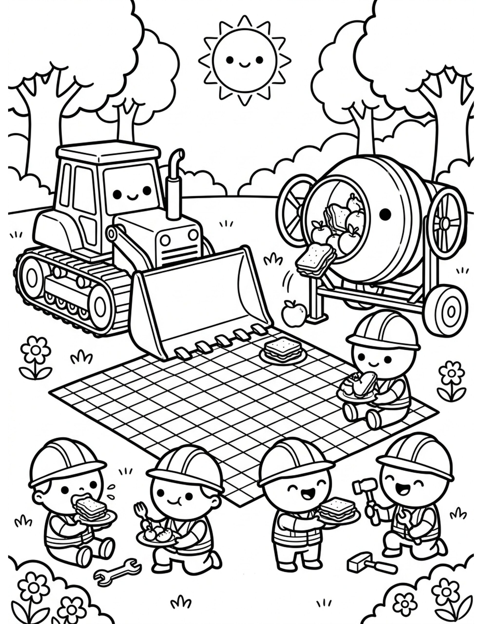 Construction Vehicle Picnic Coloring Page