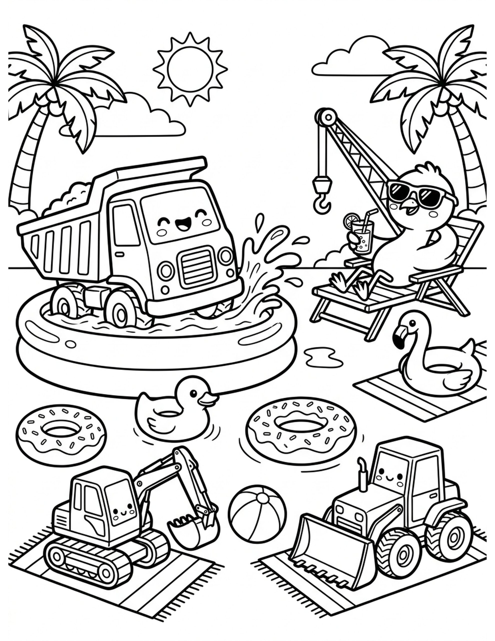 Construction Vehicle Pool Party Coloring Page