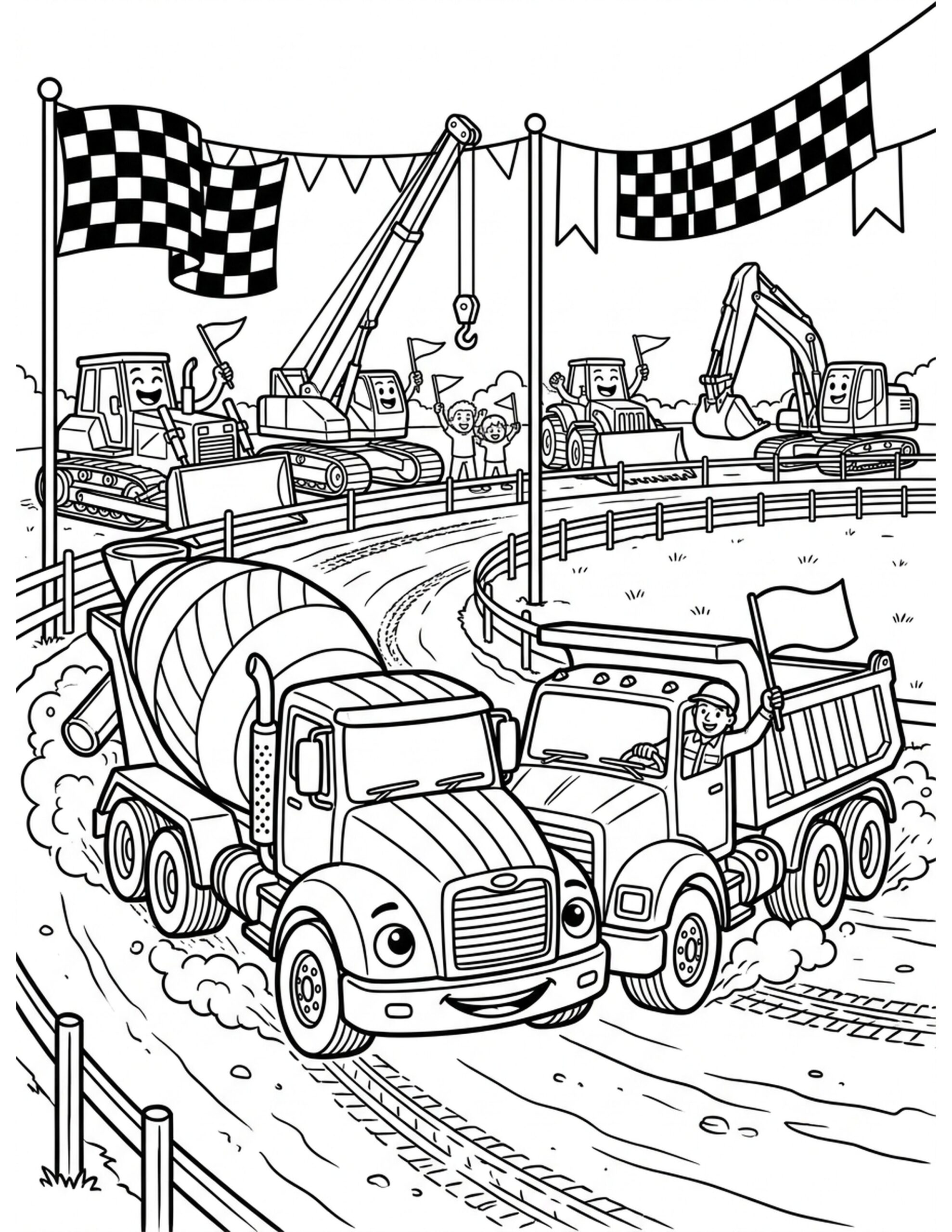 Racing Construction Vehicles Coloring Page