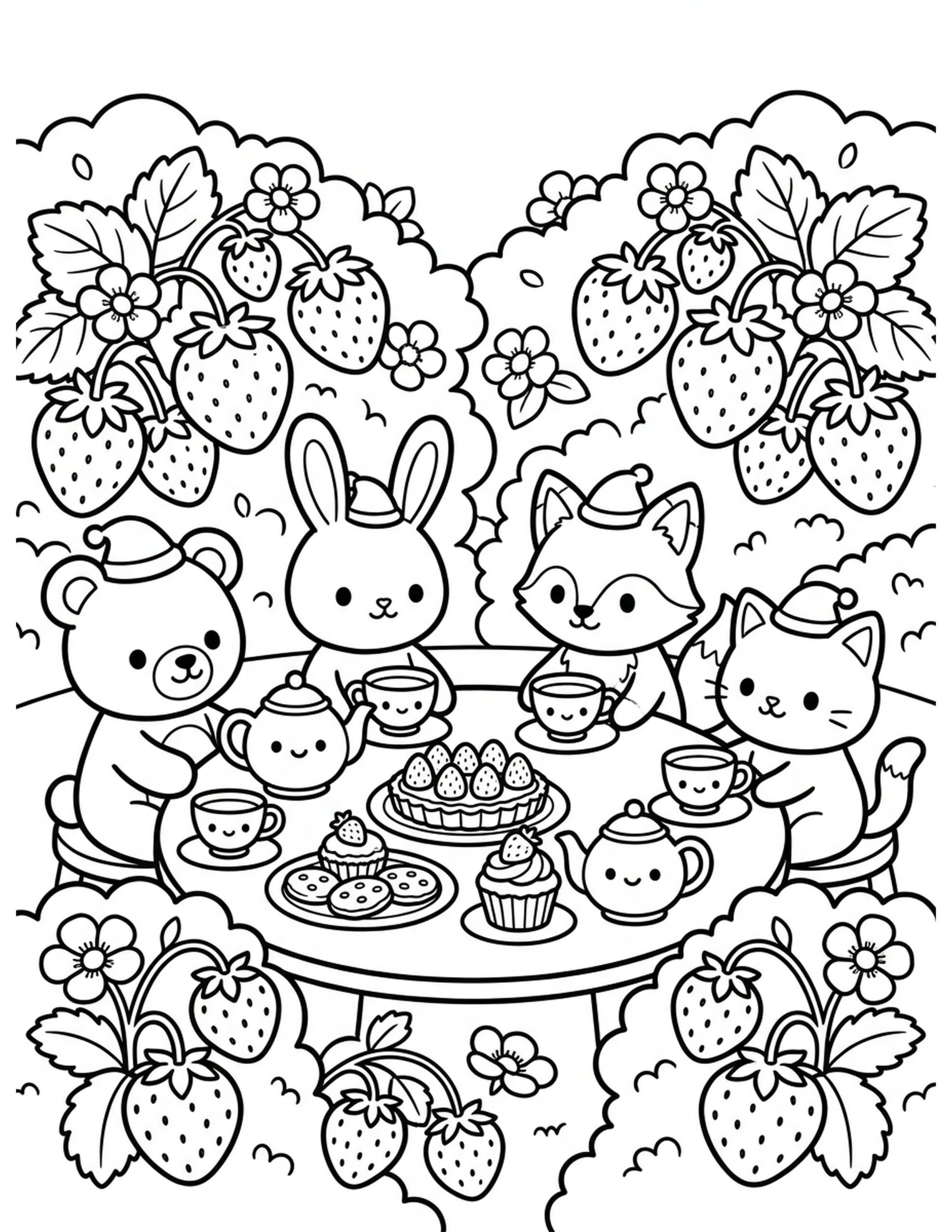 Strawberry Garden Tea Party Coloring Page